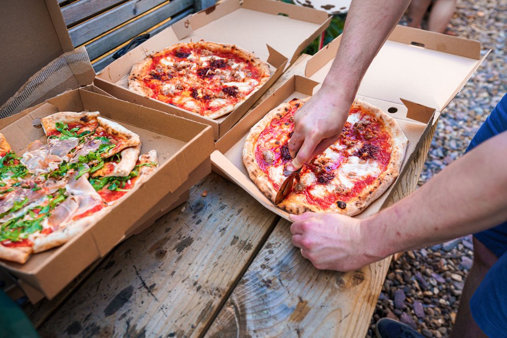 Gourmet pizzas at Twickenham garden wedding reception