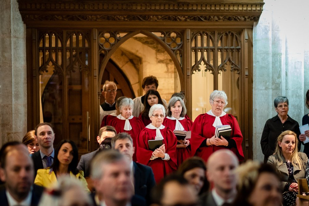 Choir enter St Andrews Church, Blagdon for wedding service