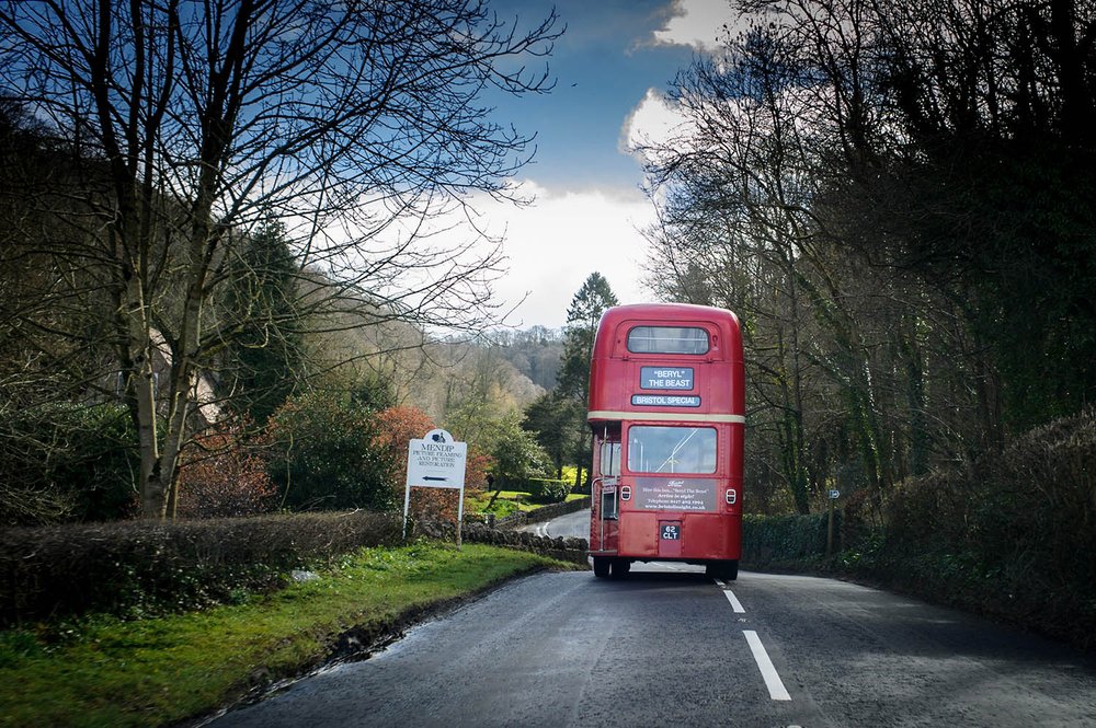 Double decker wedding bus at Coombe Lodge, Somerset