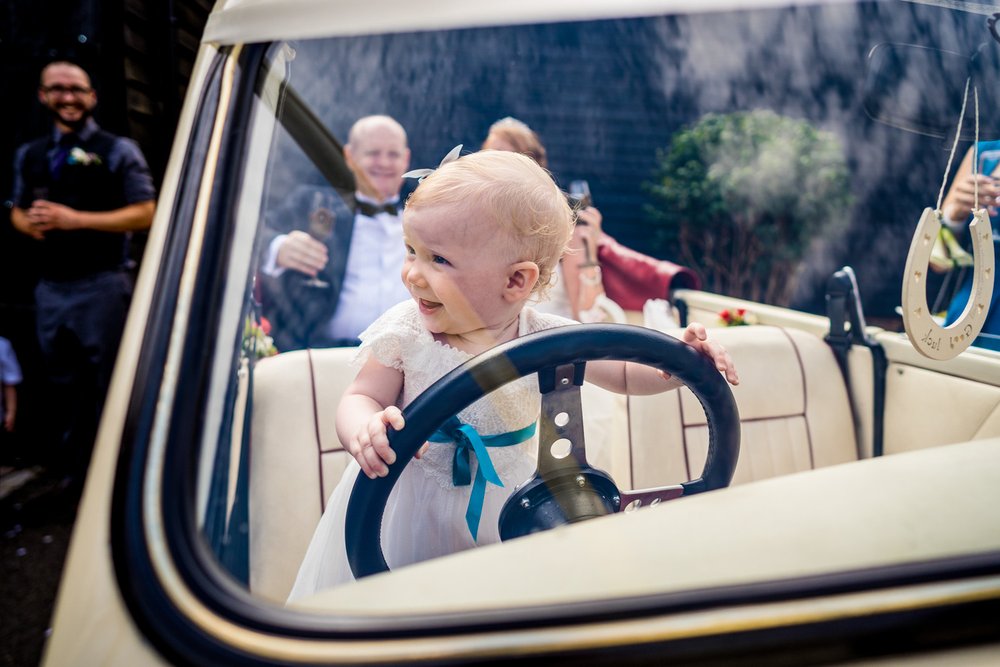 Baby prints to drive wedding car at The Olde Bell, Hurley