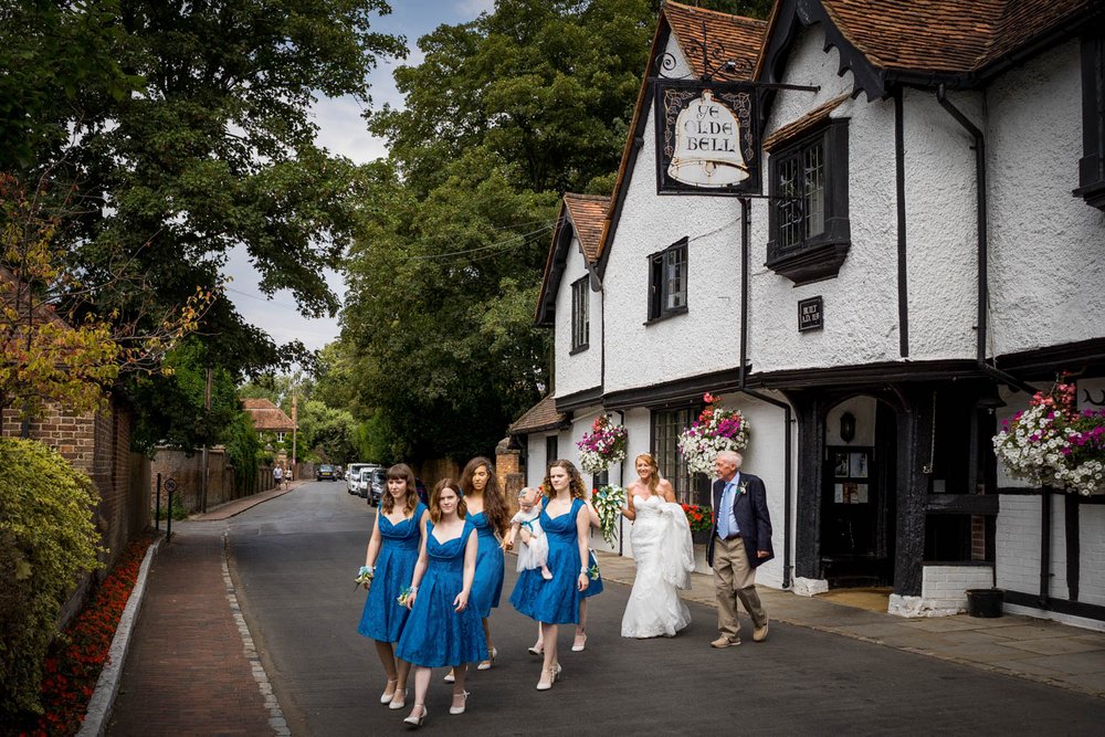 Bridal party leave wedding venue The Olde Bell, Hurley
