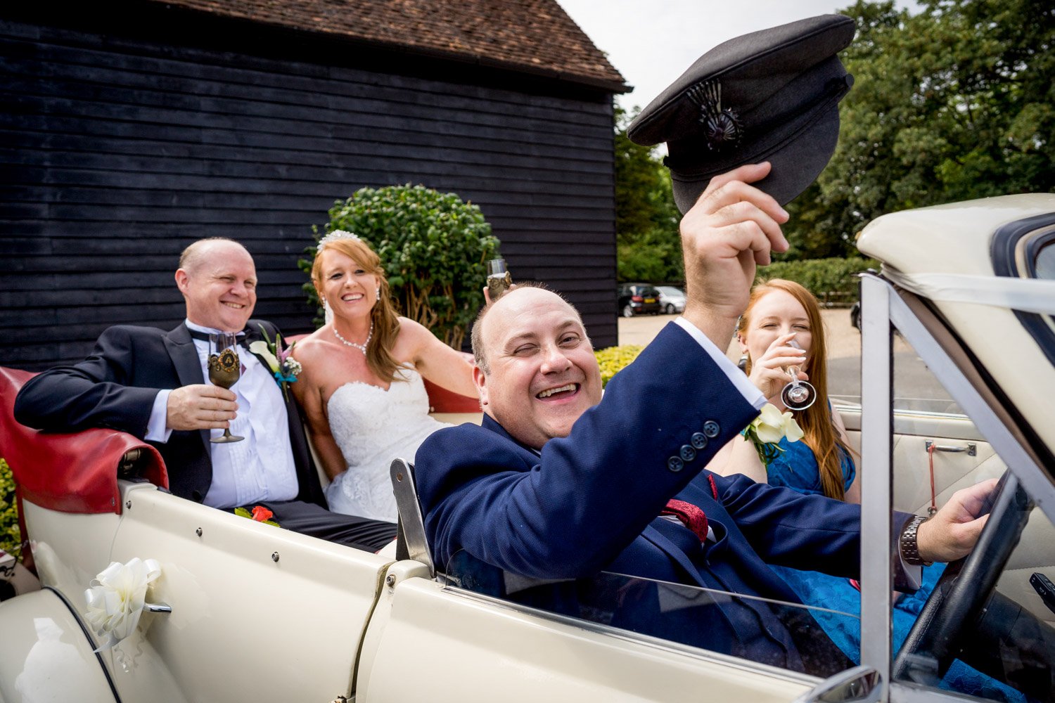 Best man drives the married couple at The Olde Bell, Hurley