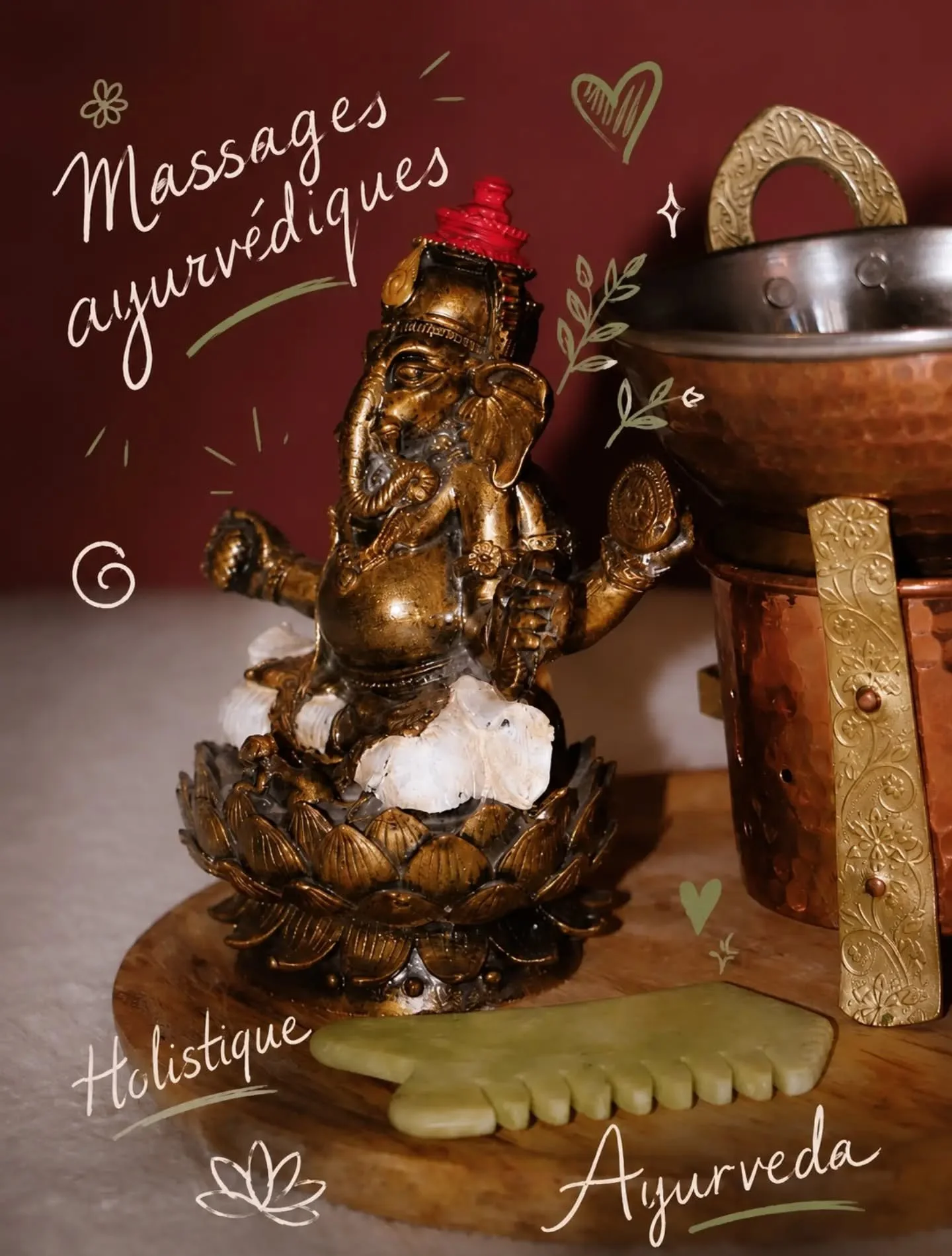 Les massages ayurv&eacute;diques,

Rituels holistiques issues de l'Ayurveda, m&eacute;decine traditionnelle indienne qui prend en compte le corps et l'esprit.

🪷Shiro Abhyanga 
Rituel ancestral cr&acirc;nien et visage offrant un moment de relaxation