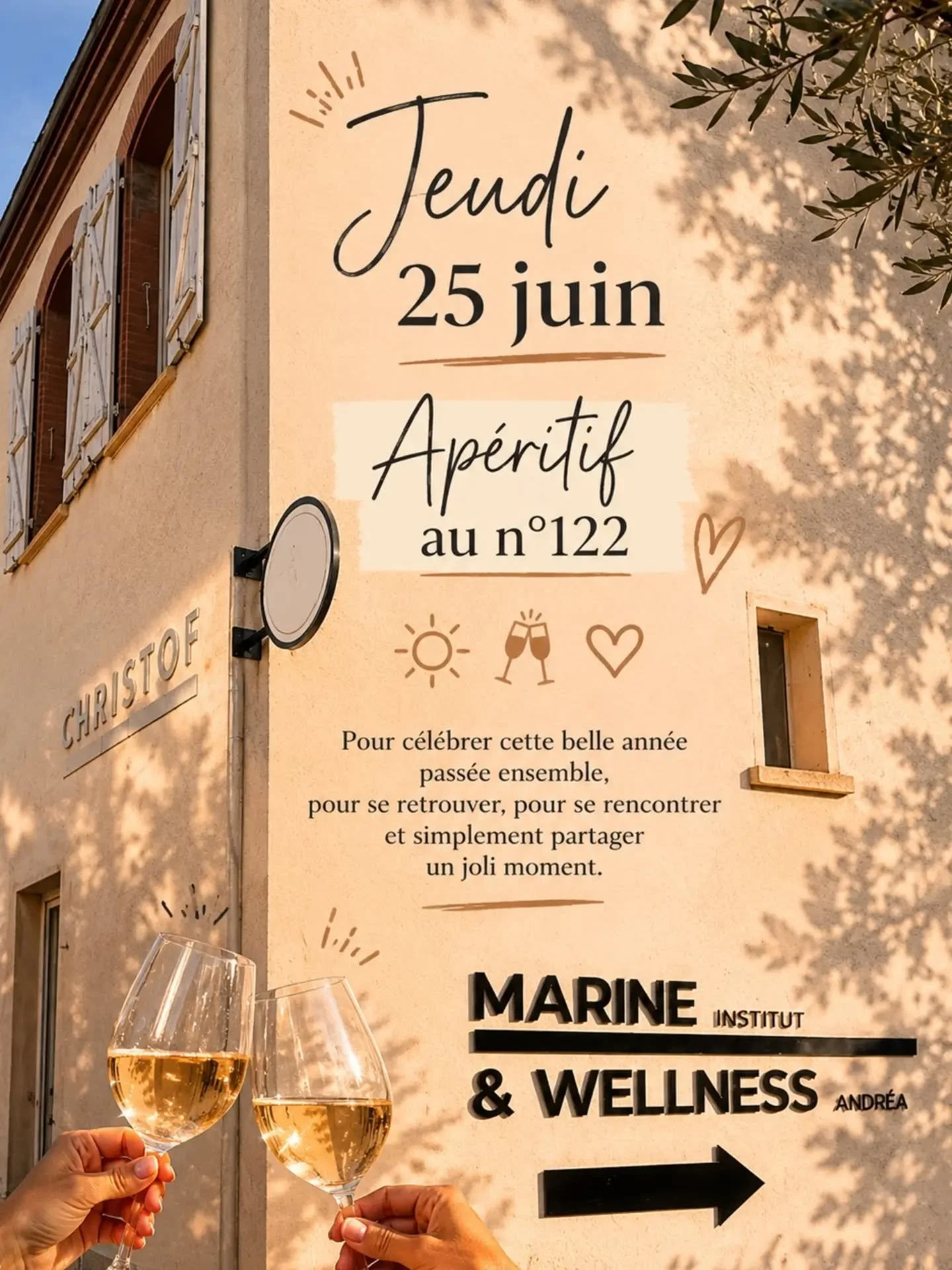 Ap&eacute;ritif au n&deg;122 
☀️🥂🫶🏻

Pour c&eacute;l&eacute;brer cette belle ann&eacute;e pass&eacute;e ensemble, pour se retrouver, pour se rencontrer et simplement partager un joli moment.

Nous t'invitons &agrave; te joindre &agrave; nous le je