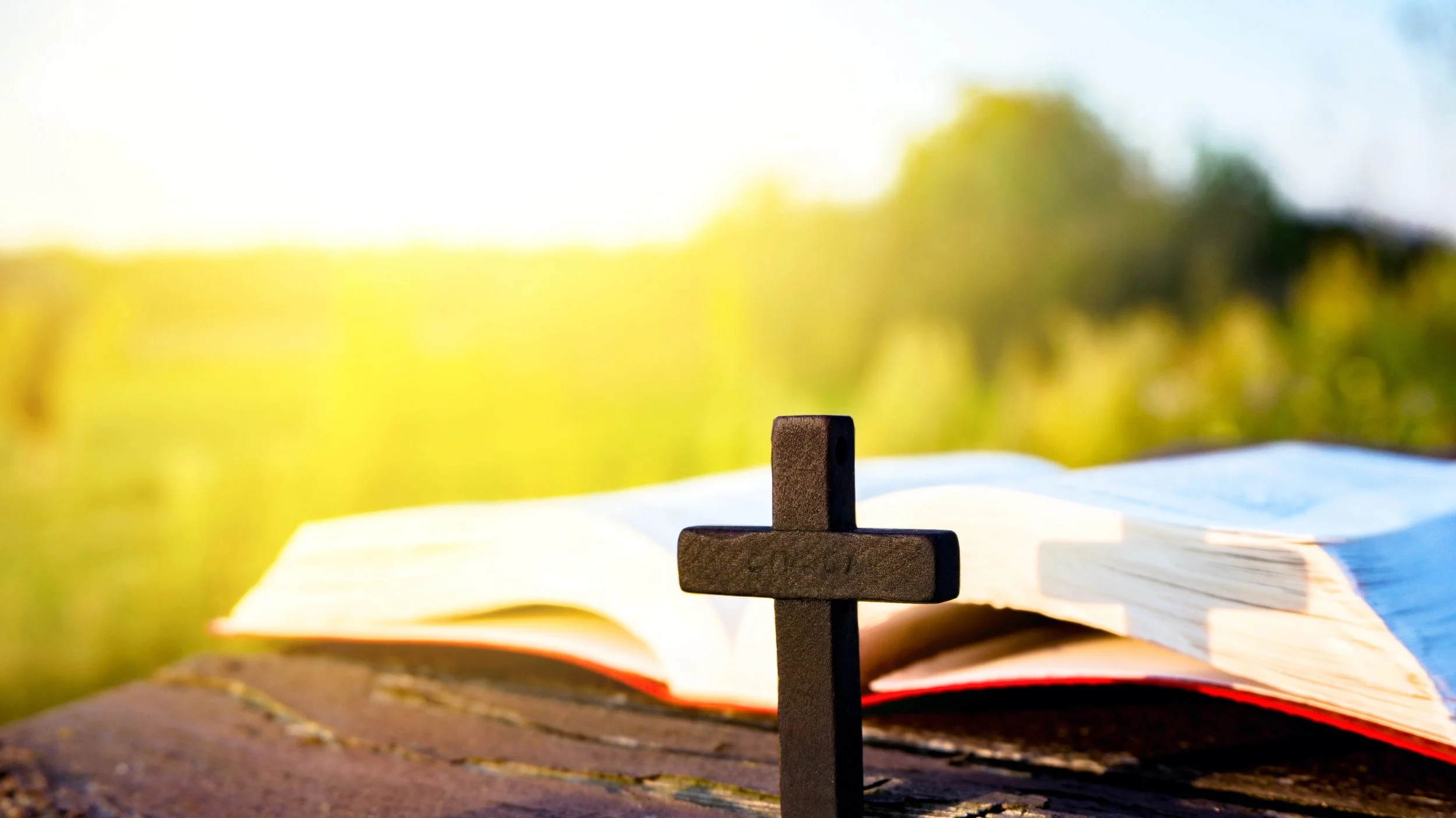 Country background. In foreground, an open bible and a wooden cross.