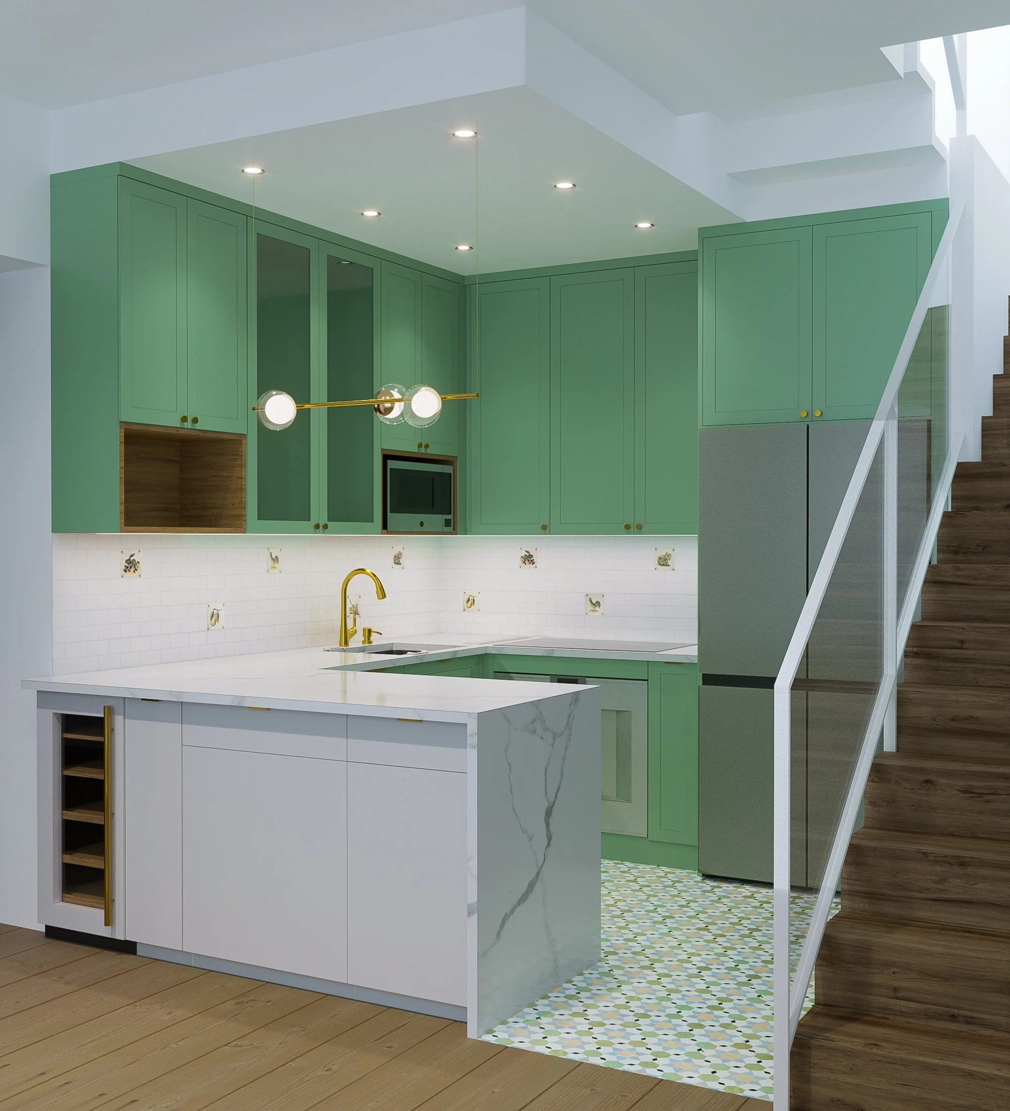 Modern kitchen with green upper cabinets, white lower cabinets, marble island, brass fixtures, and wooden flooring, with a staircase nearby.