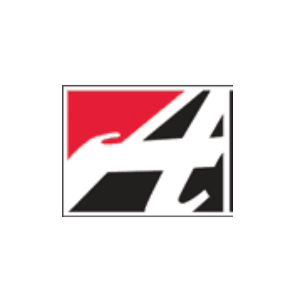 Abstract design with red, black, and white shapes forming the letter 'A'.