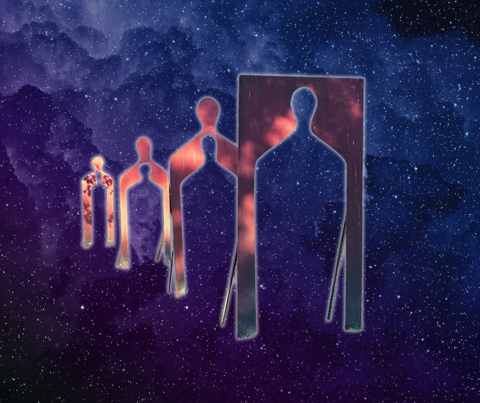 A metal art installation showing the outline of a human figure gradually becoming smaller against a night sky background, symbolizing personal evolution, self-awareness, and the journey of growth within the vastness of the cosmos.