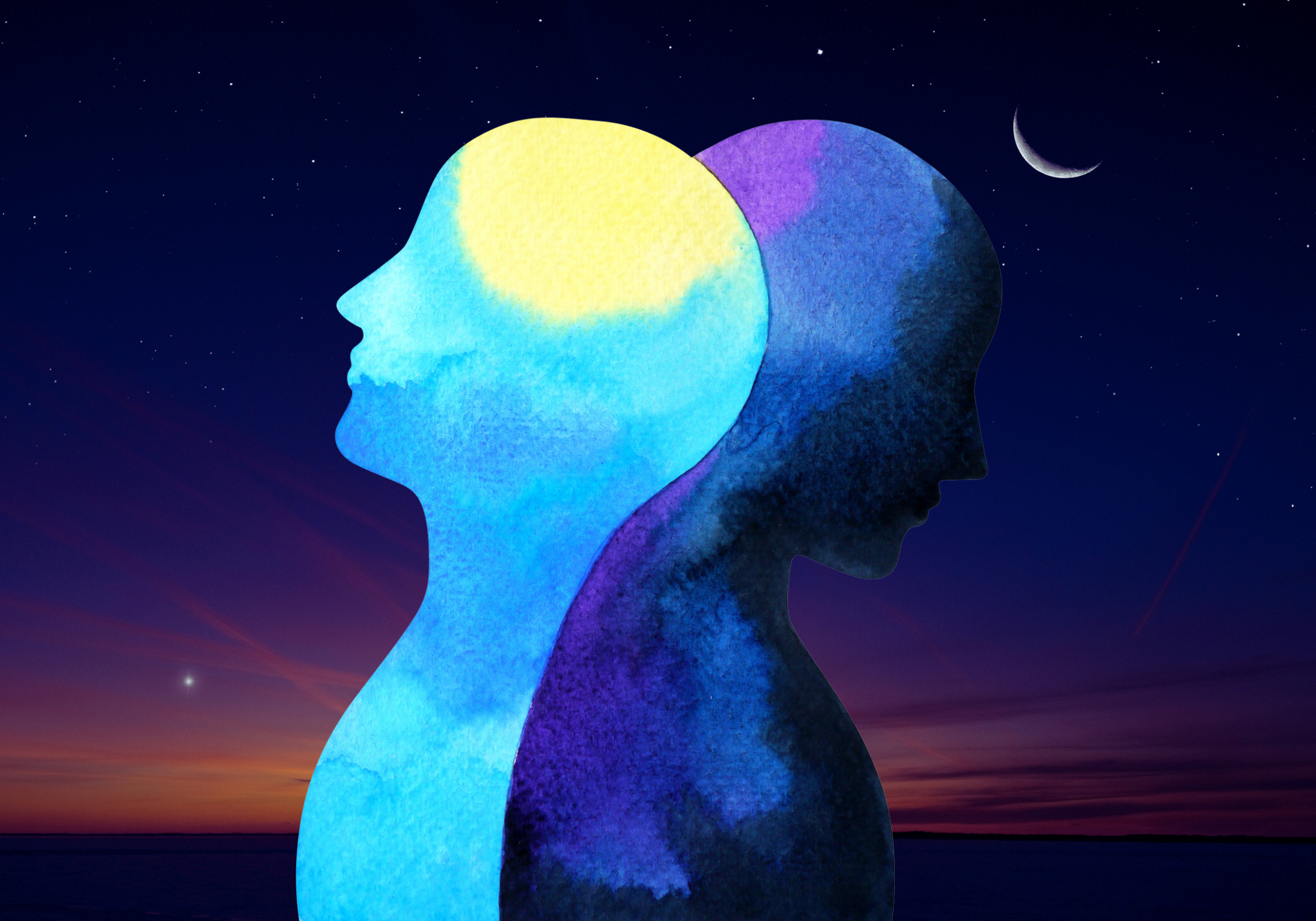 silhouette of two people in watercolor on a night sky with a crescent moon and sunset