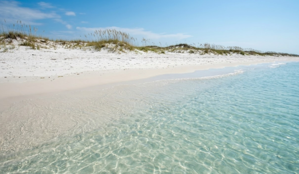Undeveloped white sand Shell Island beach with emerald Gulf water no buildings pristine Florida panhandle
