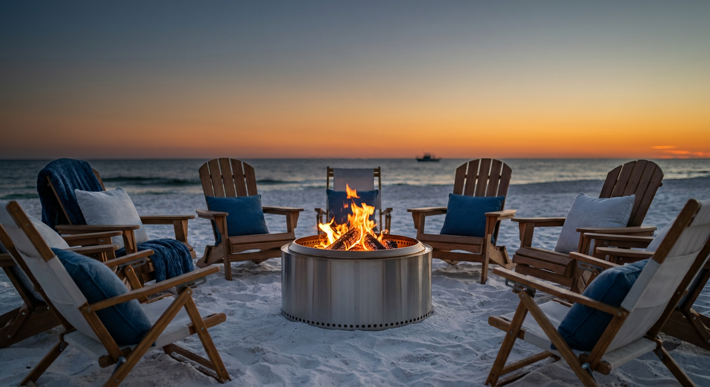 A professional setup ensures the fire is contained safely while providing comfortable guest seating.
