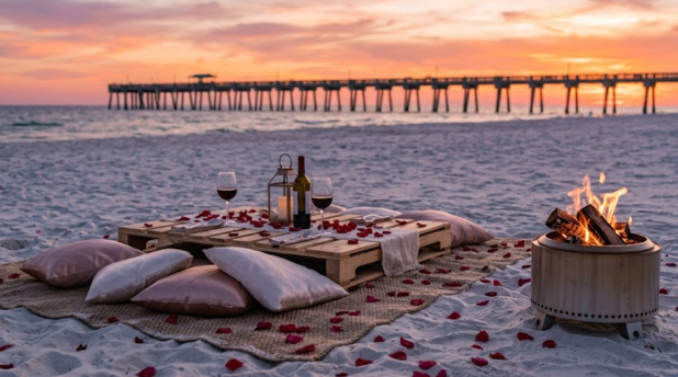 Romantic Panama City Beach proposal setup with low picnic table, pillows, rose petals, and a small bonfire.