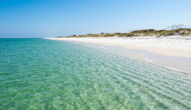 Pristine white sand beach of Shell Island Panama City Beach with emerald water and no development visible