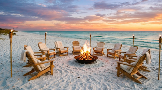 Real-wood beach bonfire on Panama City Beach at sunset with lounge chairs, tiki torches, and Gulf of Mexico backdrop.