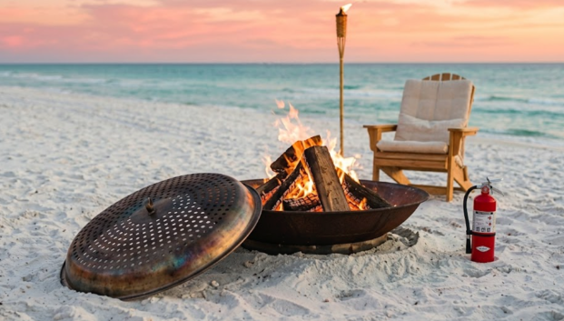 Code-compliant 3-foot beach fire pit with 2A:10BC fire extinguisher and metal ember lid on Panama City Beach sand.