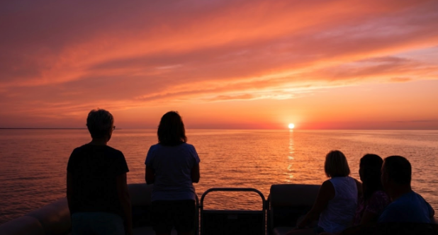 Brilliant orange and pink sunset over the Gulf of Mexico seen from a boat deck Panama City Beach Florida