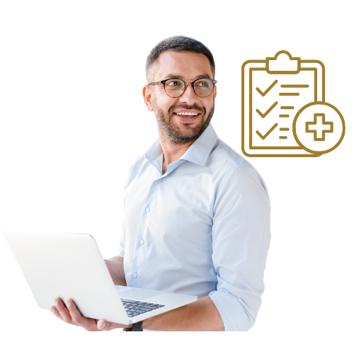 Man looking over shoulder holding laptop with graphic showing checklist