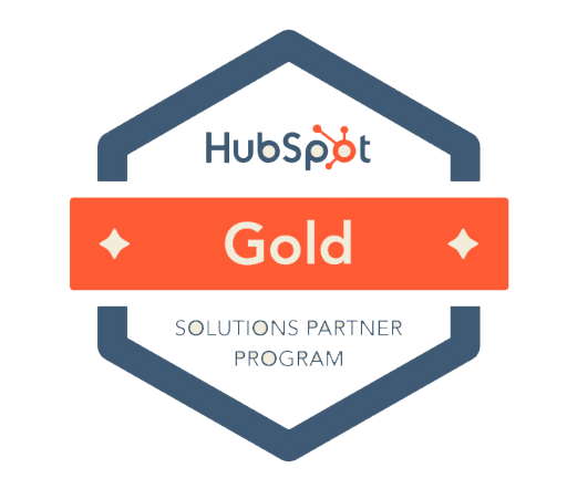 HubSpot Gold Solutions Partner Program badge with a hexagon shape and orange banner.