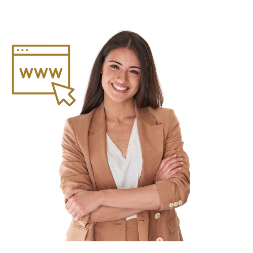 Woman smiling with graphic showing website being clicked