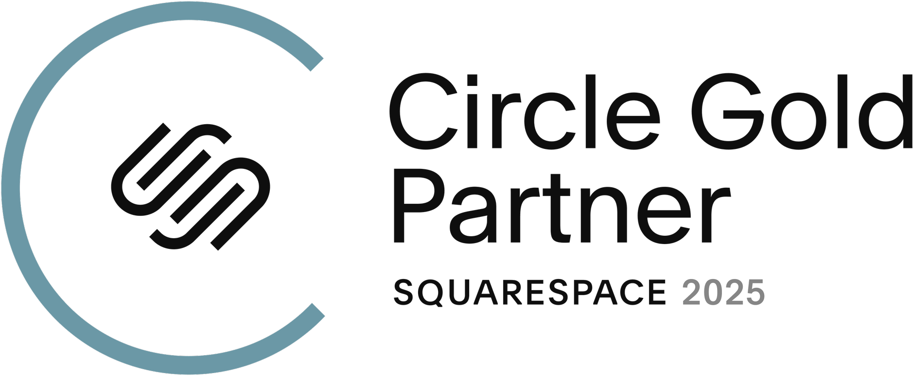 Square space logo with black stylized connected lines inside a blue circle, and black text reading "Circle Gold Partner SQSPACE 2025".