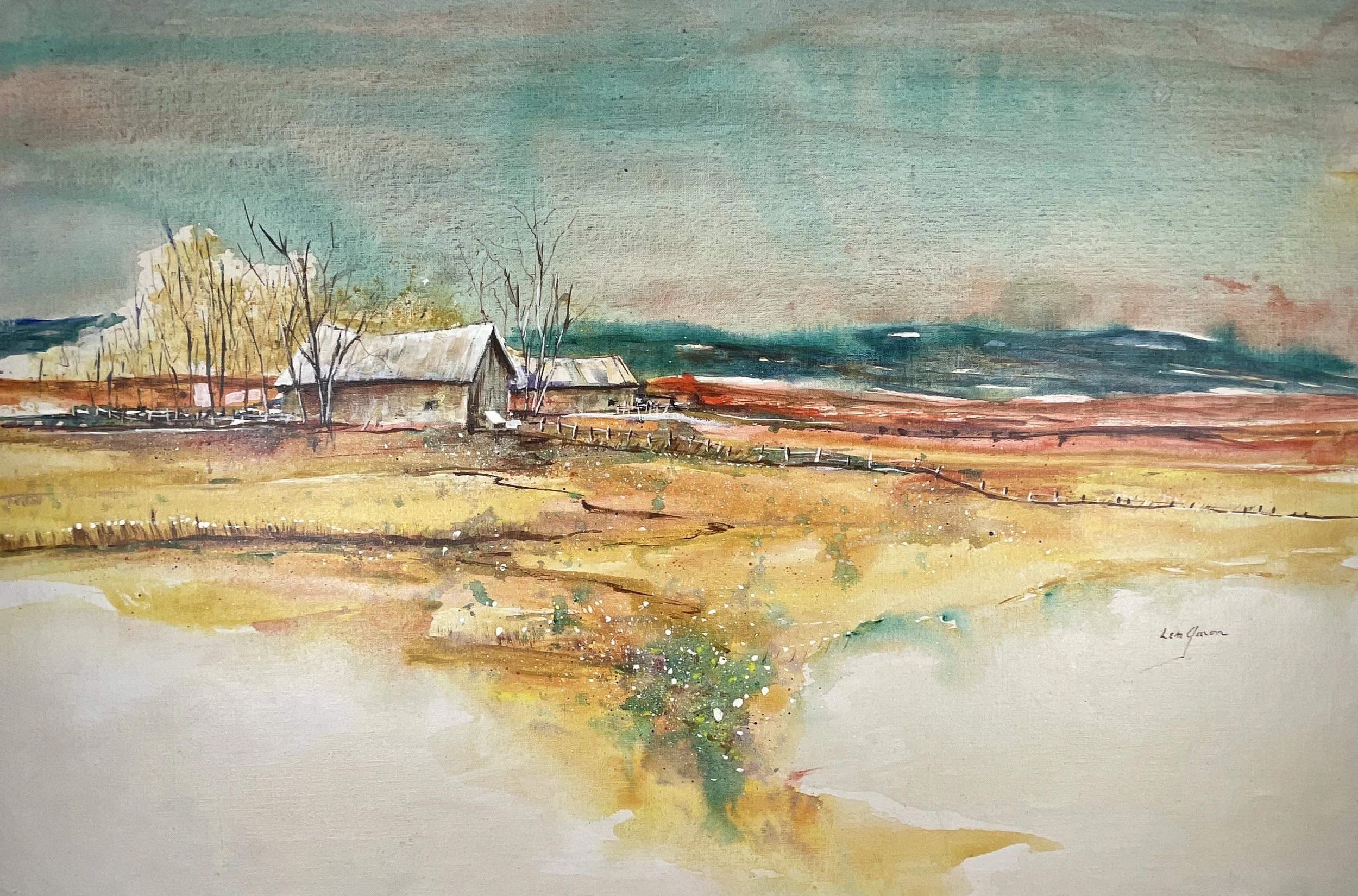 Autumn Farmstead (attributed), Len Garon (b. 1945), c. 1975–85, oil on canvas, 36 x 24 in, signed lower right.