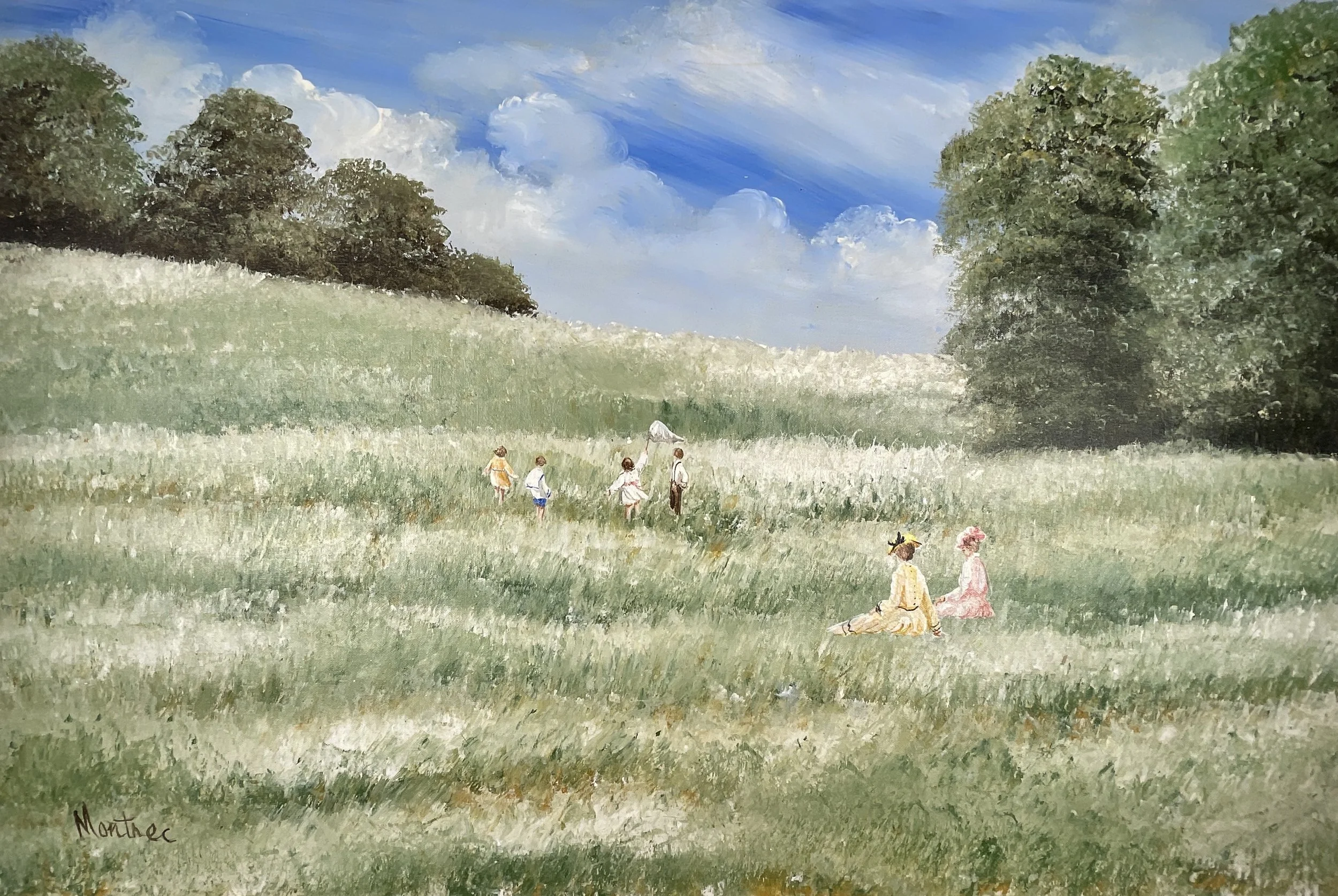 Pastoral Meadow with Figures, Montrec (Eileen Jones, 1930–2003), c.1970s, oil on canvas, 24x36 in, signed l/l.