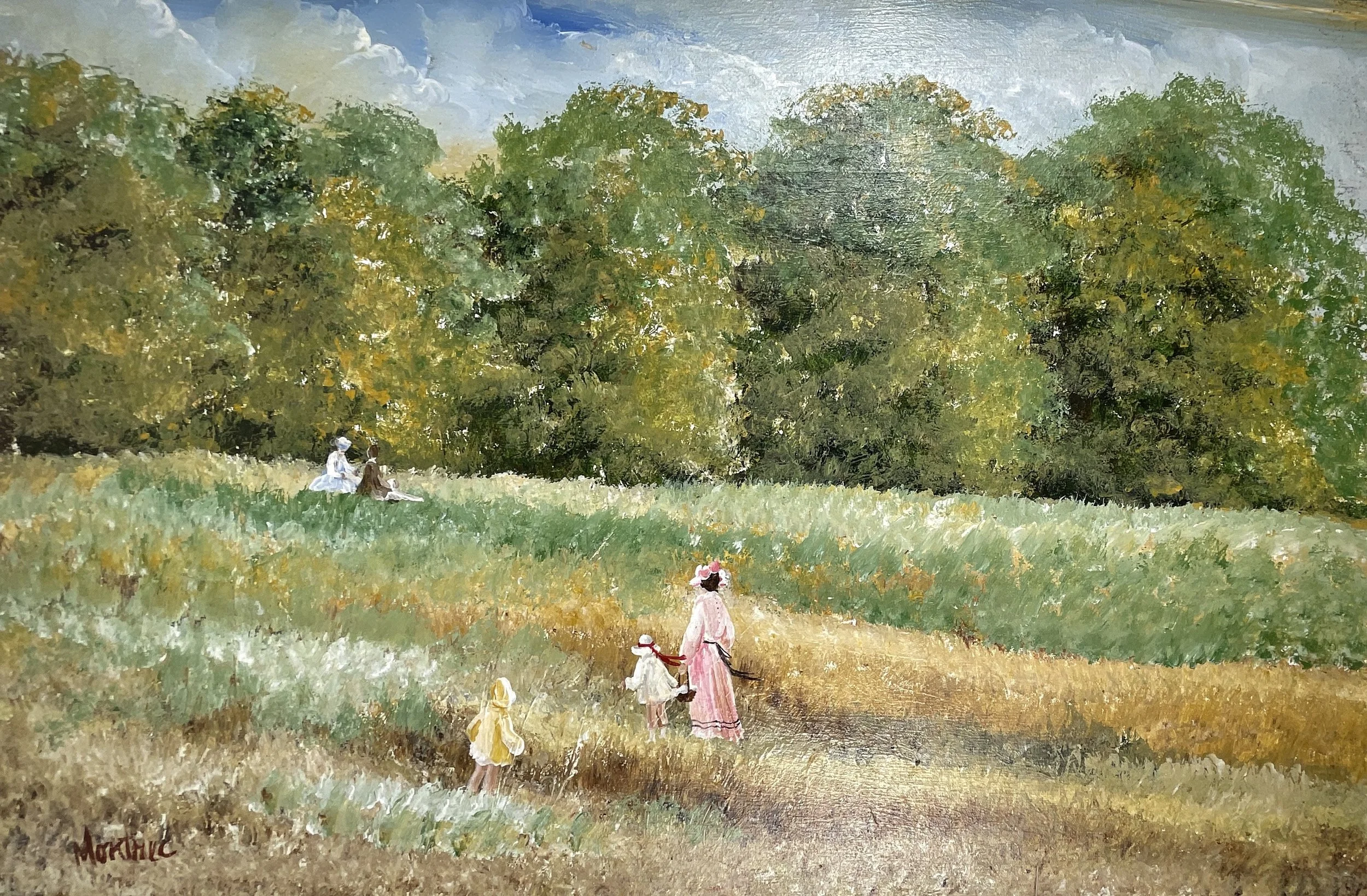 Autumn Meadow with Mother & Children, Montrec (Eileen Jones, 1930–2003), c.1970s, oil on canvas, 24x36 in, signed l/l.