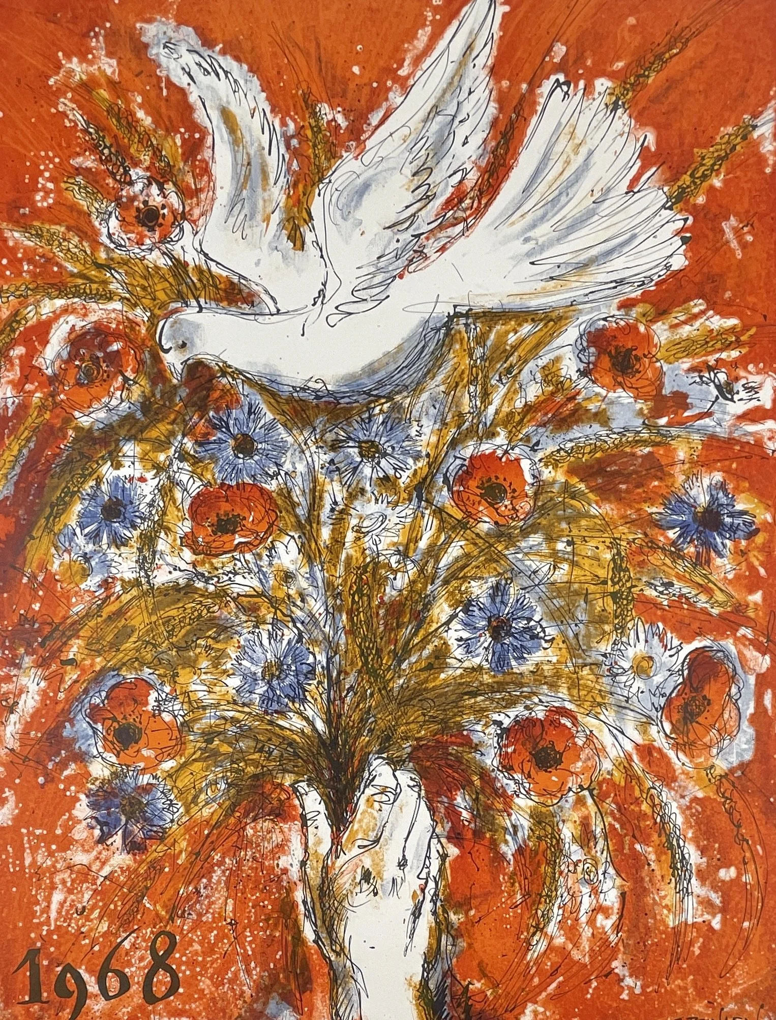 1968 Dove and Bouquet, Aimé Daniel Steinlen (1923–1996), 1968 lithograph, 20x26 in, signed in plate and hand signed, numbered V/300 (5/300)