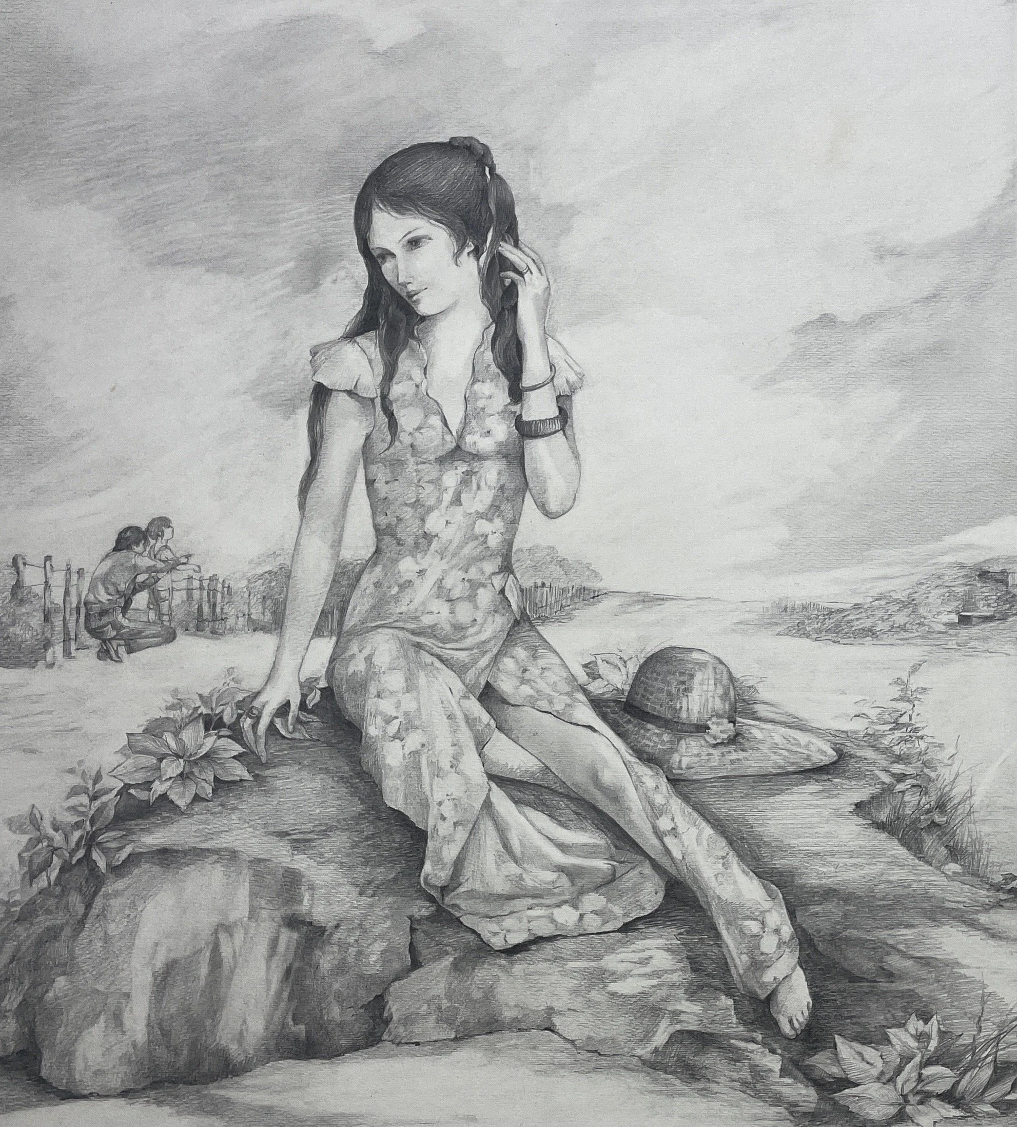 “Contemplation,” Susana Fabiani (Argentine, b. Buenos Aires), 1974, graphite on paper, 19.5 × 24 in., signed lower left and lower right.