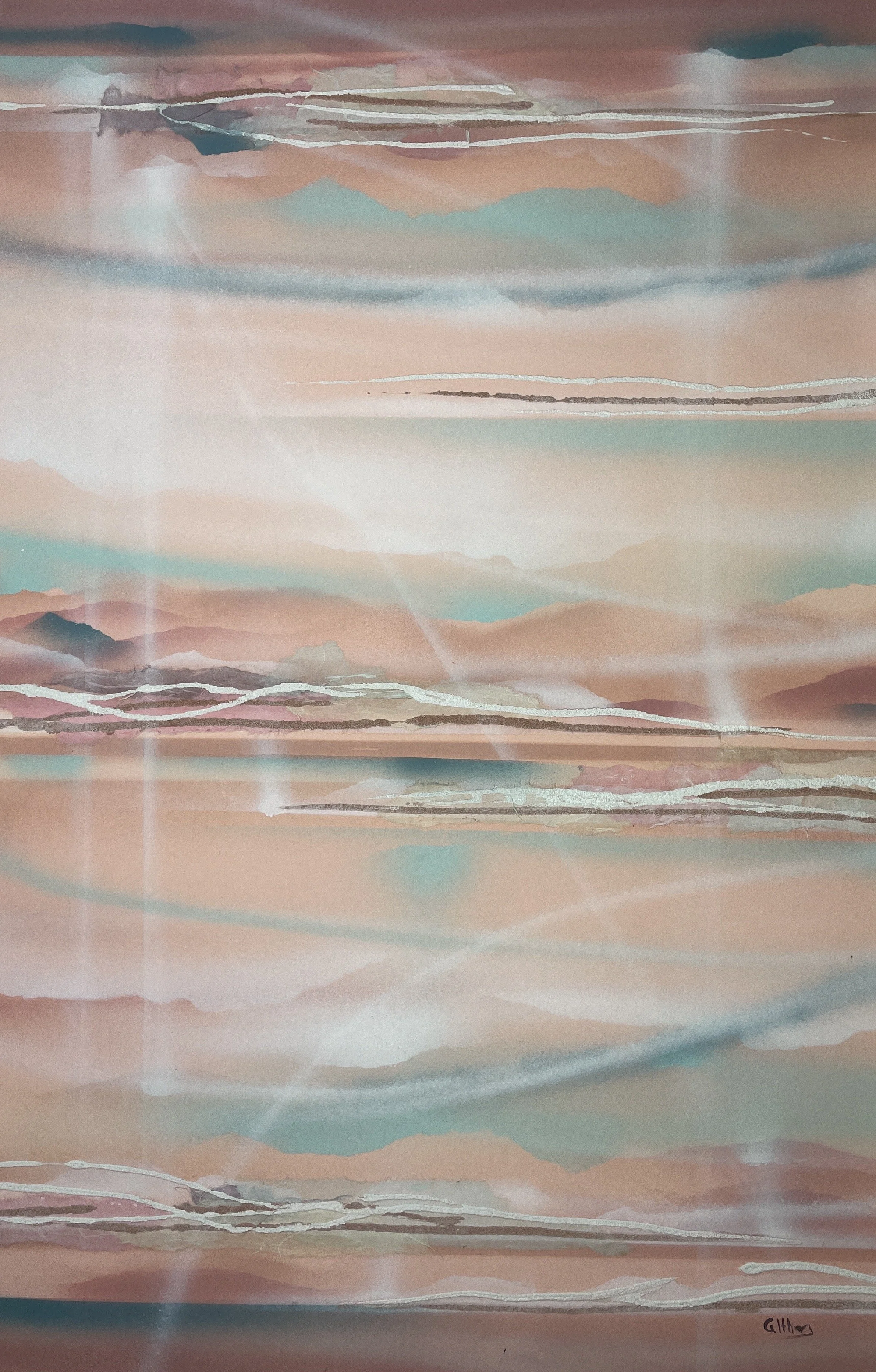 Untitled (Peach Horizon Atmosphere), c.1970s–1980s, by Piet Althers (Dutch–Spanish–American, b.1930), a signed collage-and-acrylic mixed-media work on paper measuring approximately 36 × 24 in., acquir