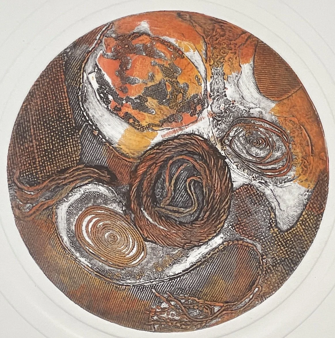 Saturn, Audrey Grendahl Kuhn (1929–2024), c.1970s, intaglio etching, 22x22 in, signed & numbered 1/100, embossed modernist print