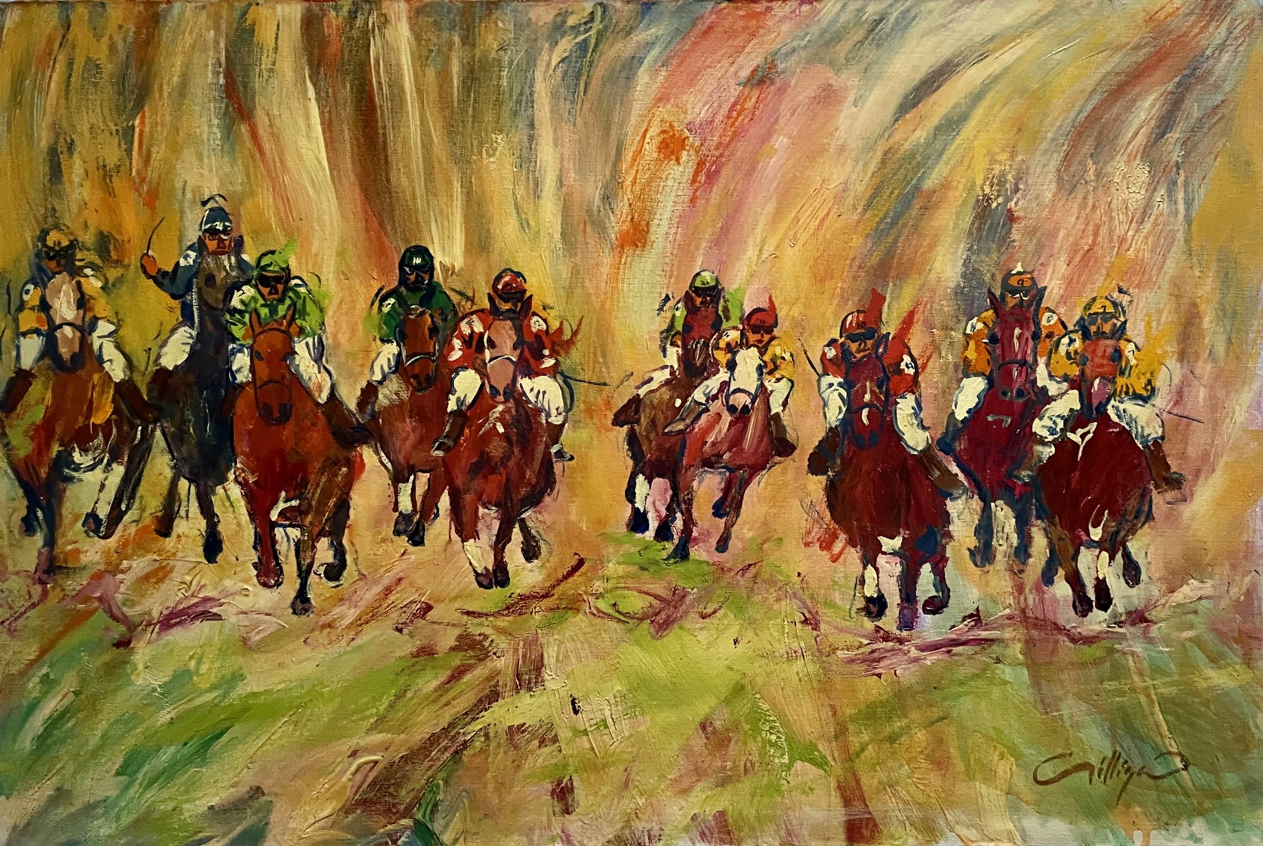 'HORSE RACES' -Abstract Original Oil Painting on Canvas -Tony Gilligan -1960-80's -Signed by Artist