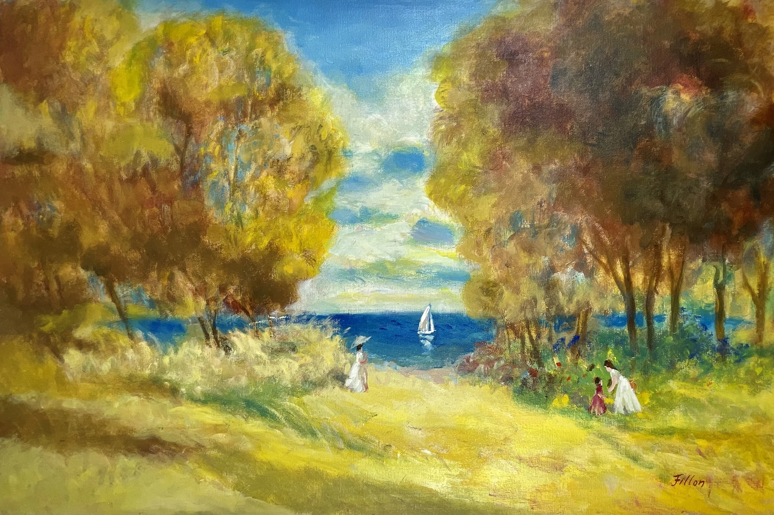 Seaside Promenade — Guy Fillon (French, dates unknown), c.1975, oil on canvas, 36×24 in; signed LR.
