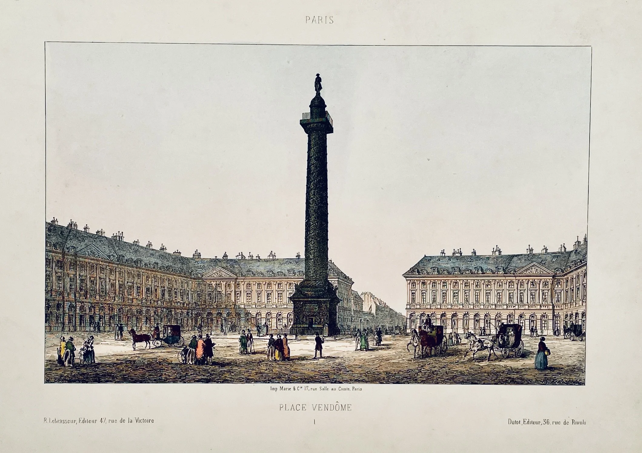 Antique Paris lithograph by Isidore Laurent Deroy depicting Place Vendôme, drawn from life and lithographed by the artist, published by leading 19th-century Paris éditeurs Lebrasseur and Dutot.