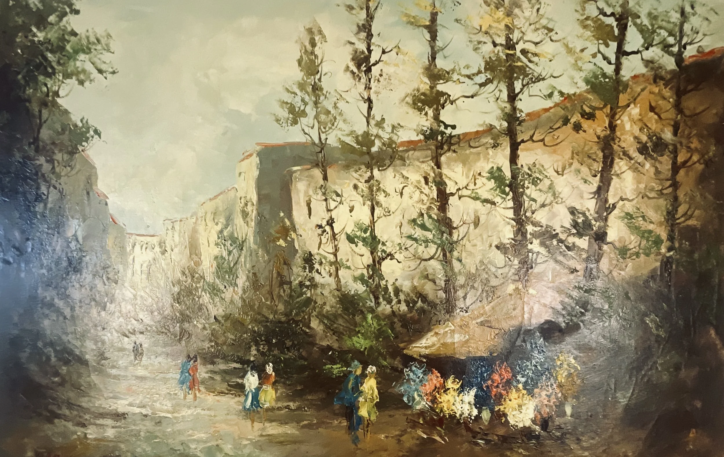 Flower Market, Hofland, mid-20th century, oil on canvas, 36 × 24 in., signed lower center, impressionist European market scene with figures and flowers.