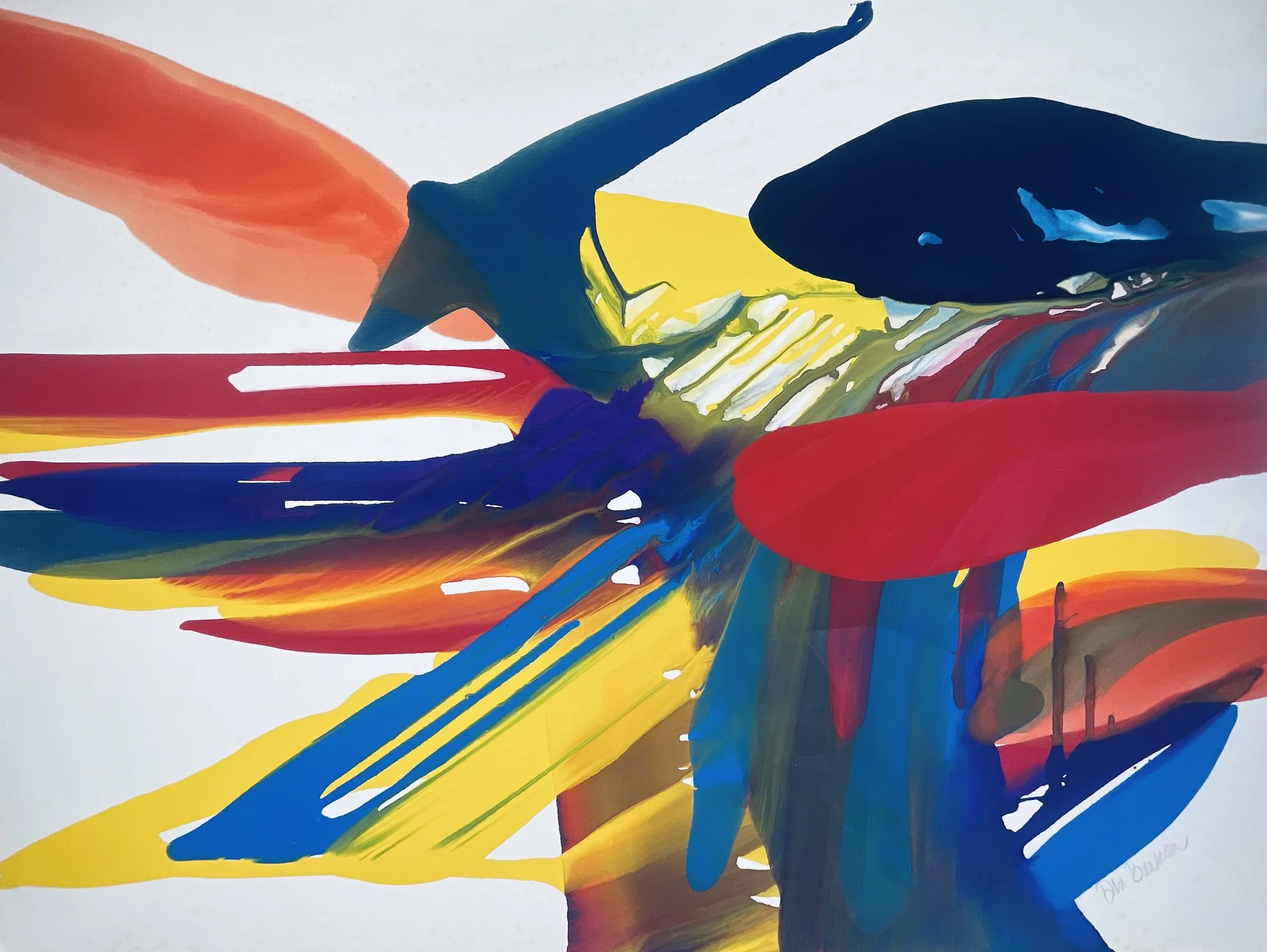 Untitled (Chromatic Flow Abstraction), Don Bowman (b. 1934), c.1960s, oil on paper, 40 × 30 in., signed lower right; gestural color-flow abstract painting.