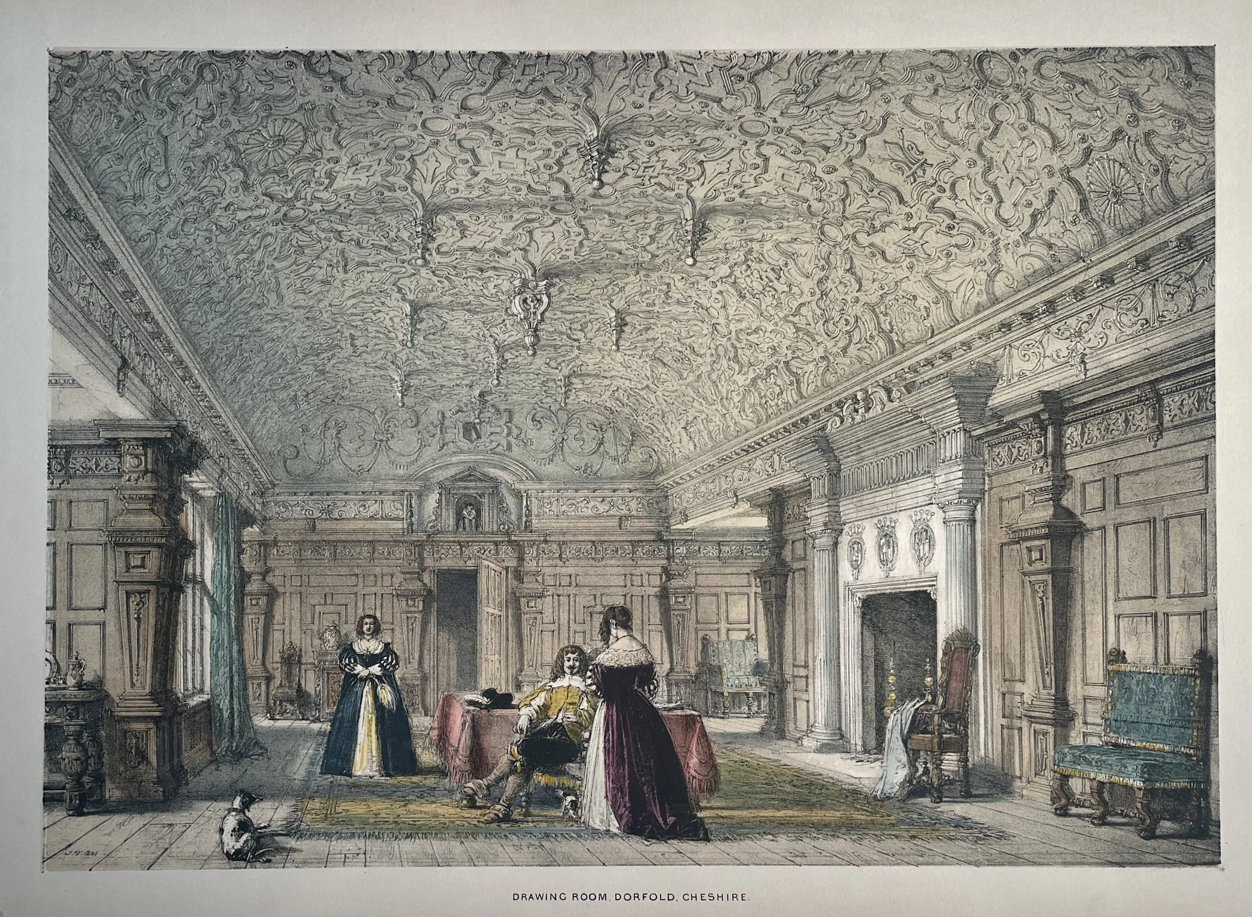 “Drawing Room, Dorfold, Cheshire,” after Joseph Nash, c.1840, hand-colored lithograph, 14 × 19 in, published by Hodgson & Graves, unsigned, unnumbered.