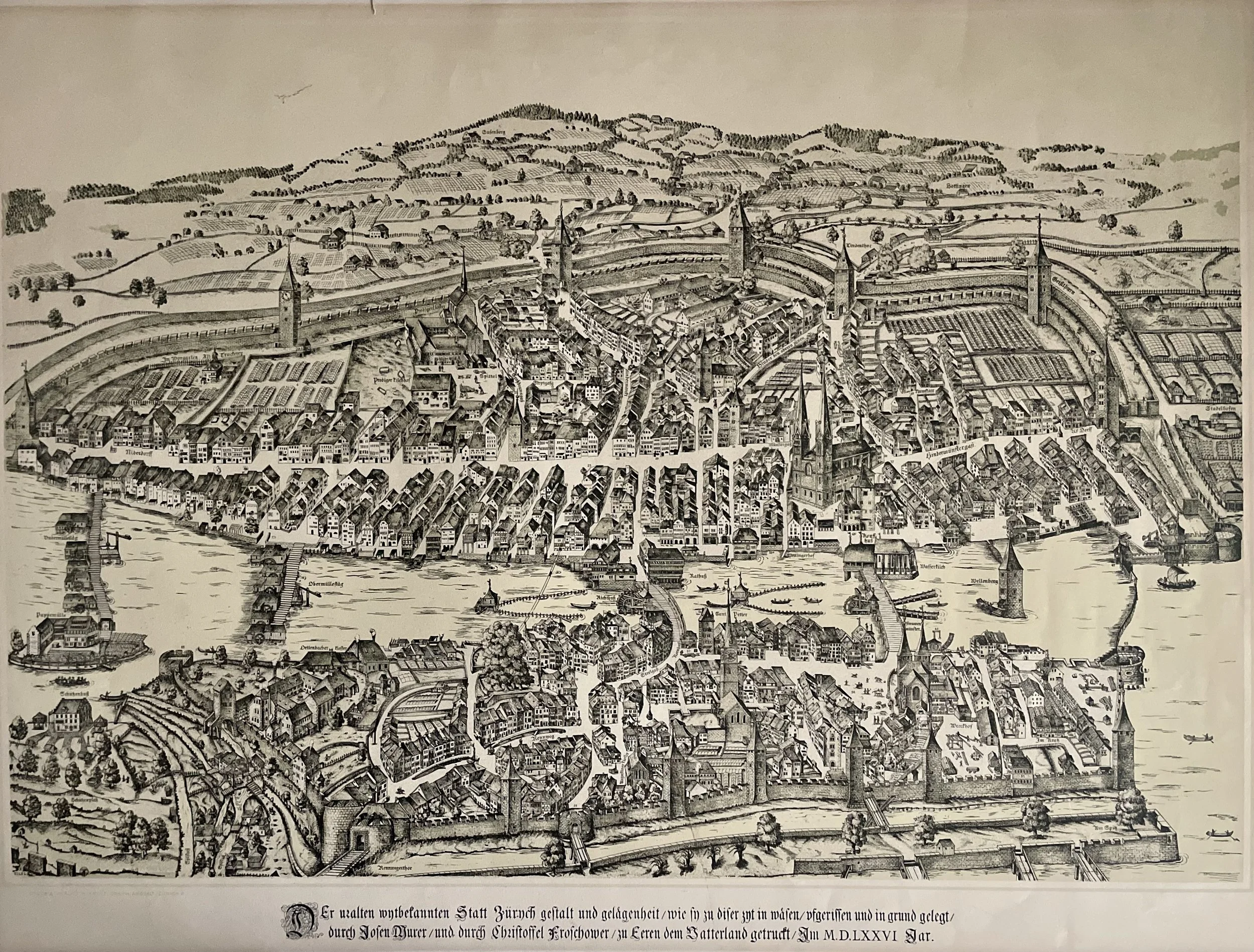 “Panoramic View of Zürich, 1576” (after Jos Murer & Christoph Froschauer), printed by H. Krätz, Graphische Anstalt Zürich, early 20th century, 28 × 22 in., antique etching reproduction, unsigned as is