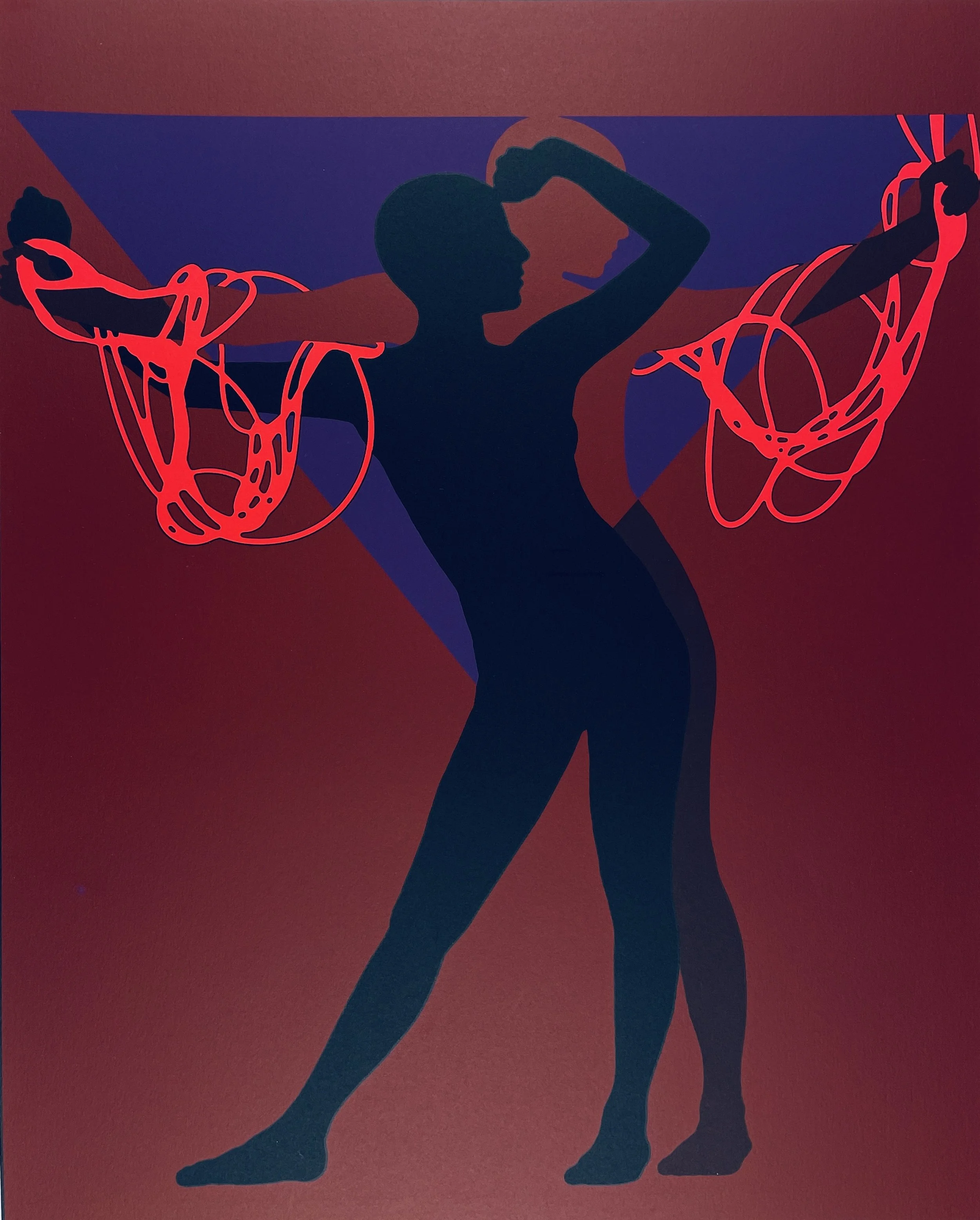 Untitled (Red Silhouette with Neon Loops), J. Seeley (b. 1946), c.1980 serigraph proof, 29x22 in, unsigned publisher’s proof