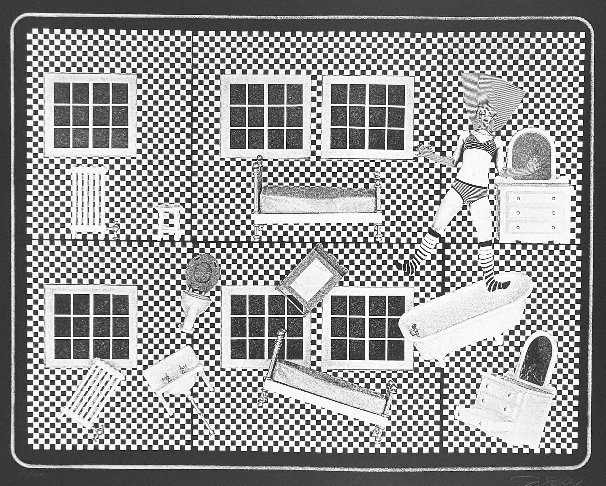 Gravity Room (attributed), J. Seeley, c.1970s–80s, serigraph, 30x22 in, signed, ed. 10/50.