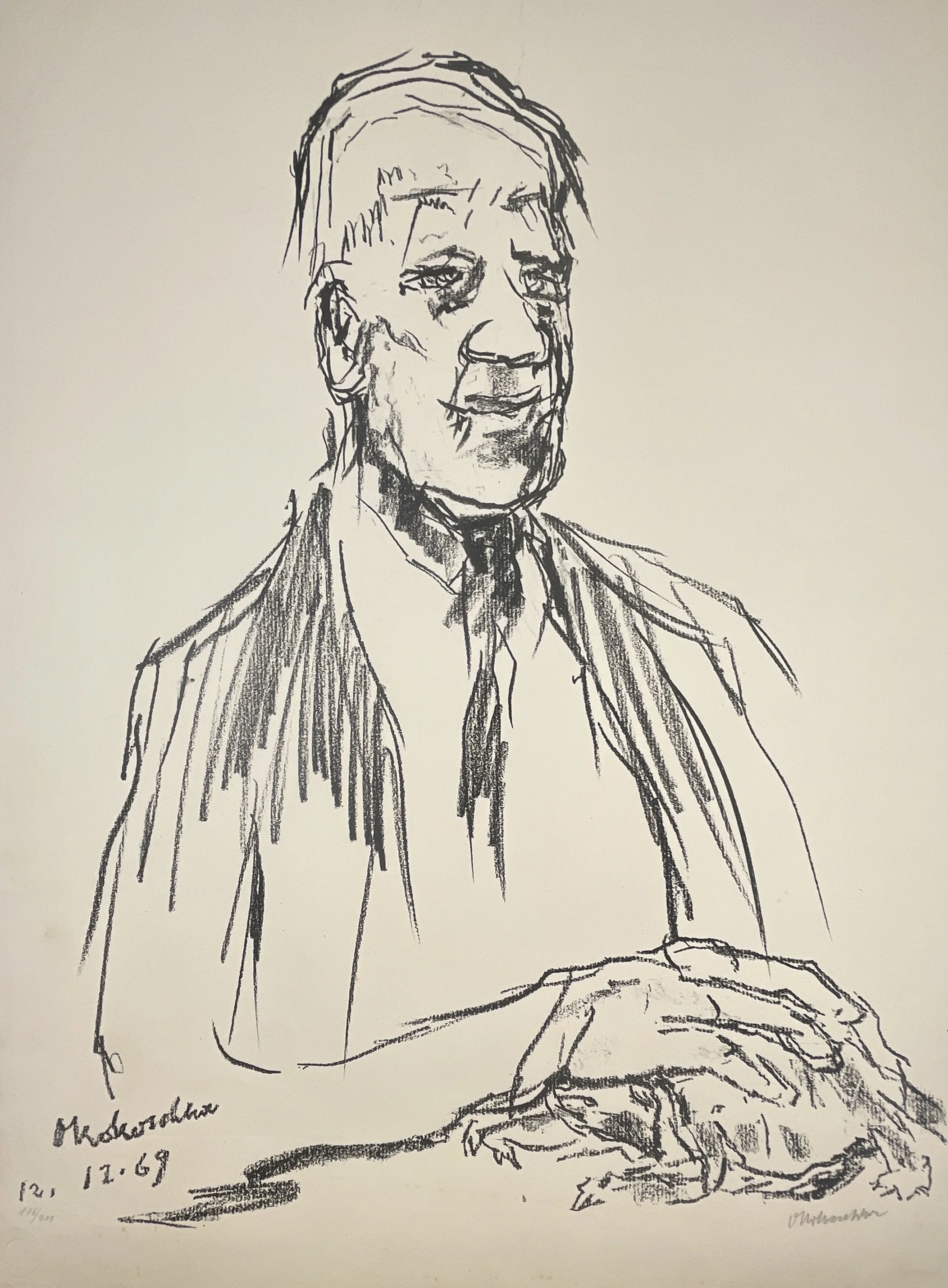 Portrait with Crab Oskar Kokoschka (1886–1980), 1969 lithograph, 22x30 in, signed & dated 12.69, ed. 176/200, Expressionist masterwork