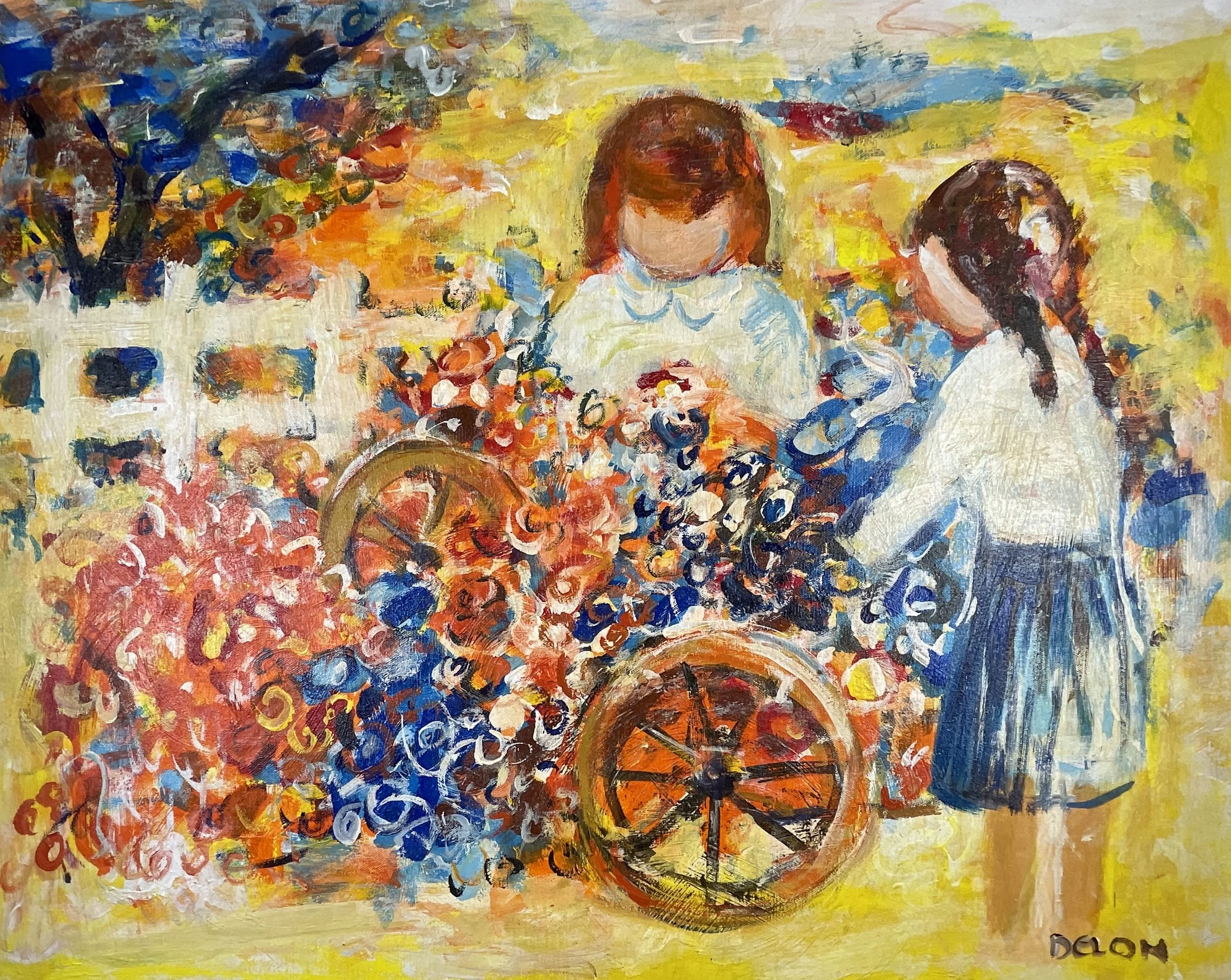 Children and Flower Cart (attributed), Delon (Donald Hughes, b. 1933), c. 1970s–80s, oil on canvas, 24 x 30 in, signed lower right.