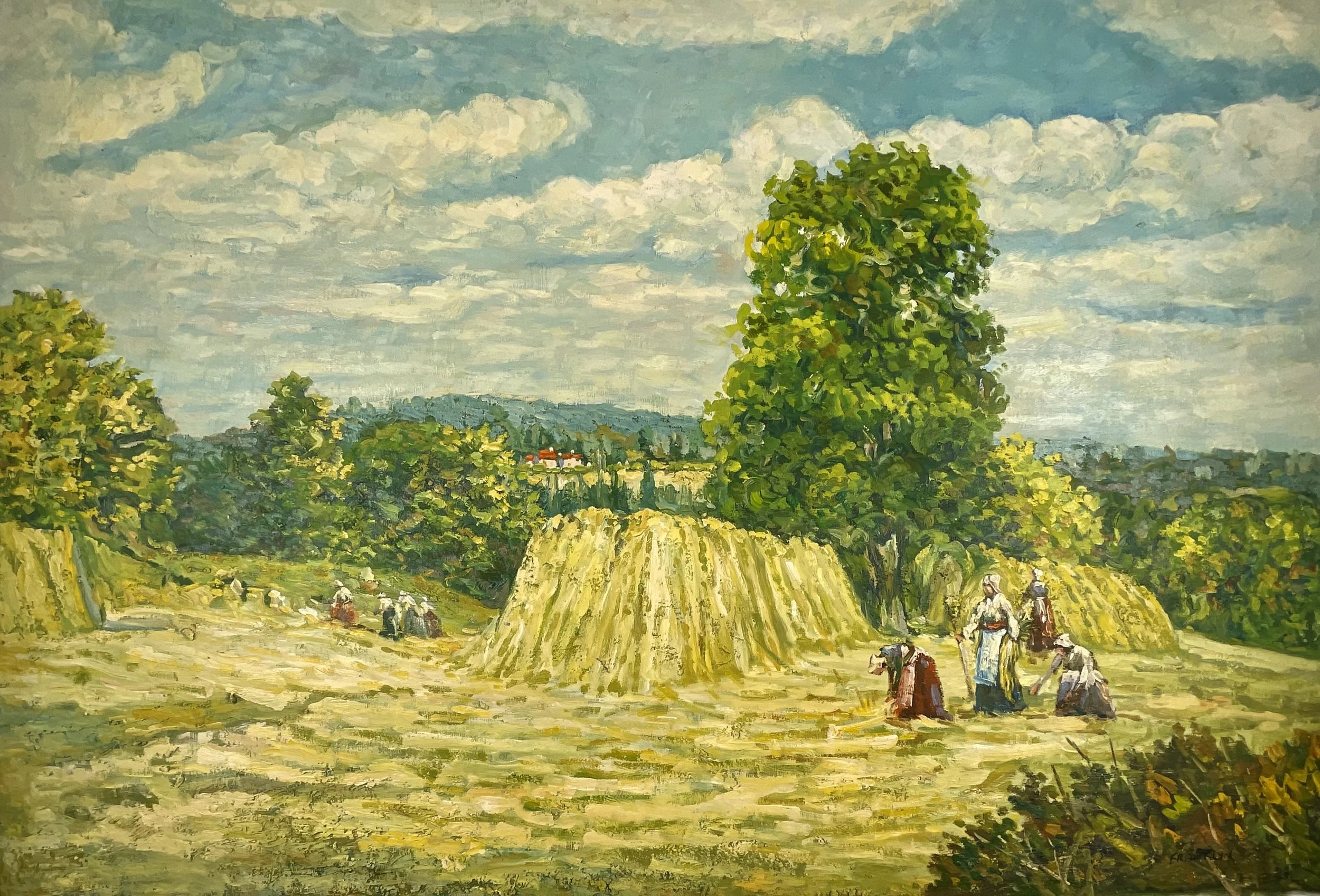 Harvest Haystacks (attr.), Robert Franklyn (b.1938), c.1975, oil on canvas, 36x24 in, signed.