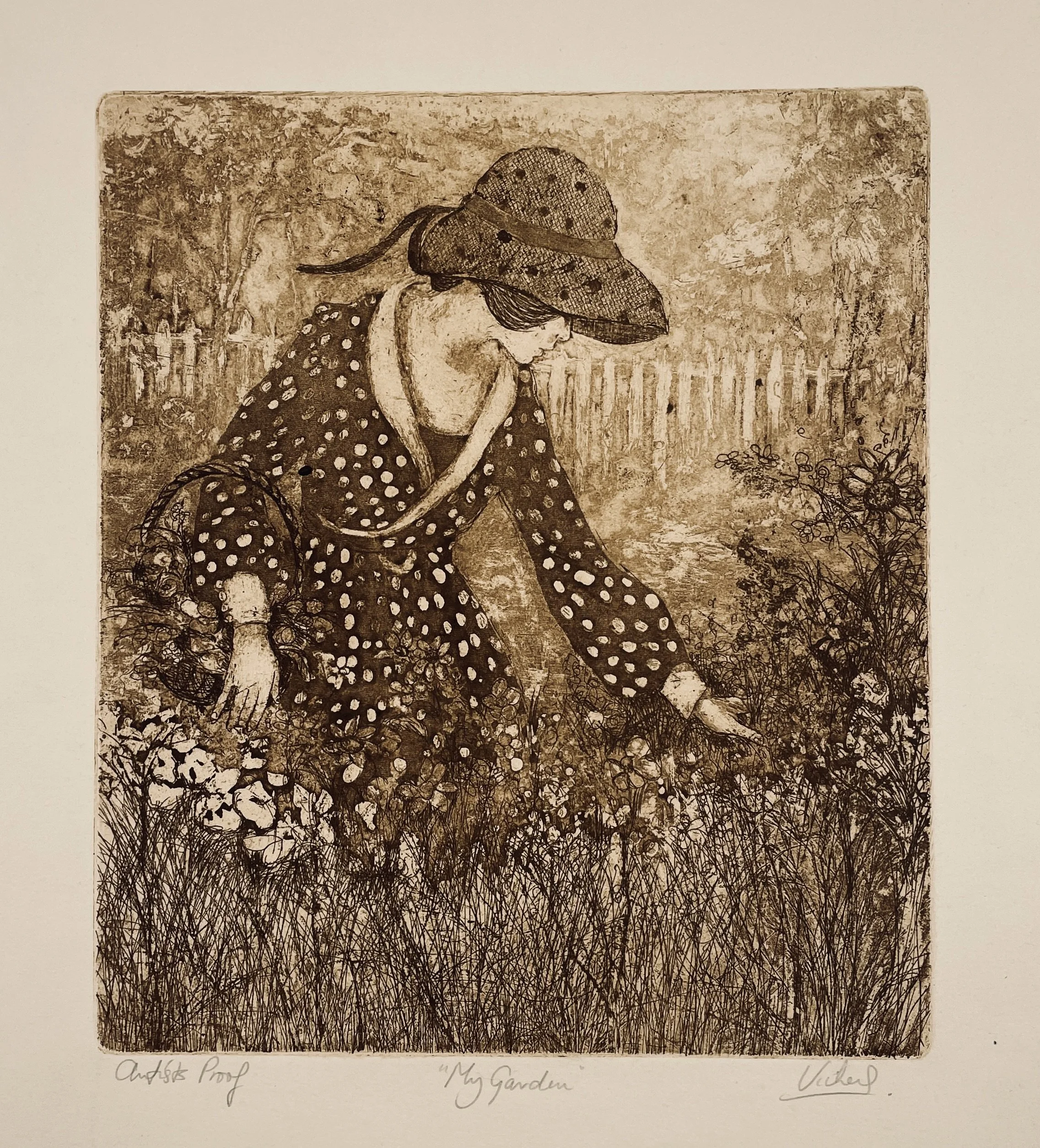 My Garden, Mary Vickers (b.1940), c.1970s original etching, 18×20 in sheet, signed lower right, Artist’s Proof impression.