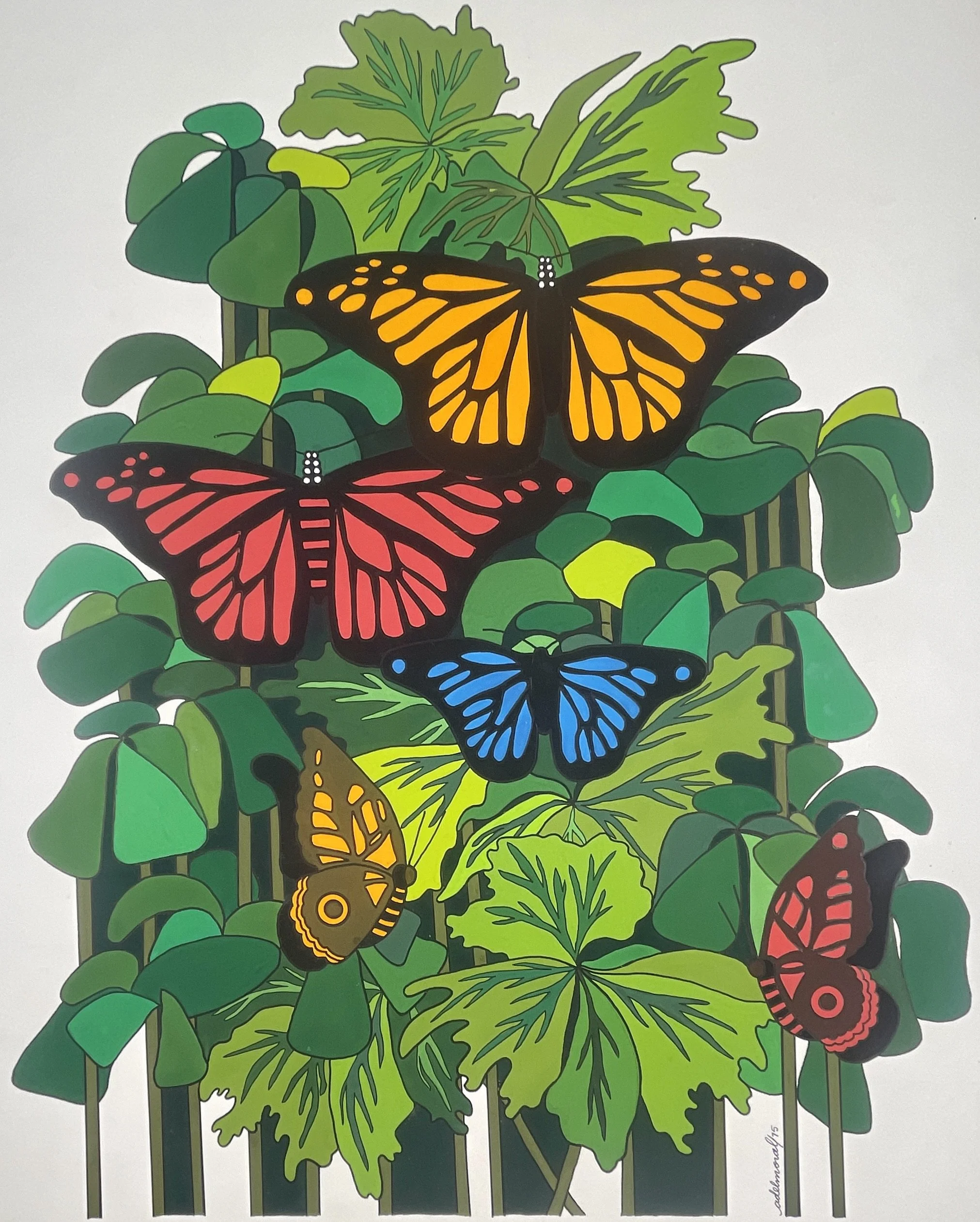 Butterflies in Jungle Foliage Antonio del Moral (b.1941), 1975 watercolor, 23x29 in, signed, bold linear modernist botanical study