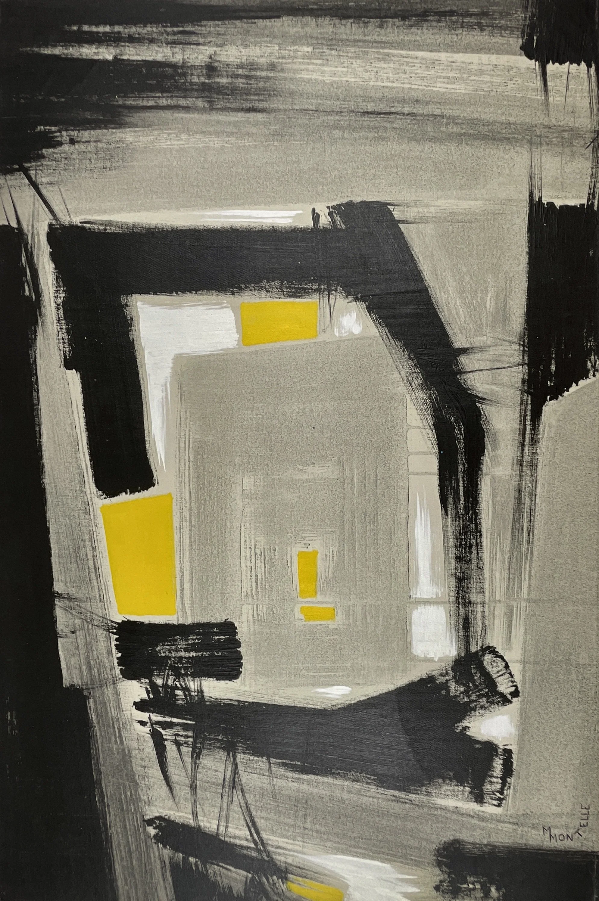 Untitled (Geometric Abstract Composition), Montelle (20th century), c.1960s–1970s, oil on canvas, 36 × 24 in, signed “Montelle,” abstract modernist composition.