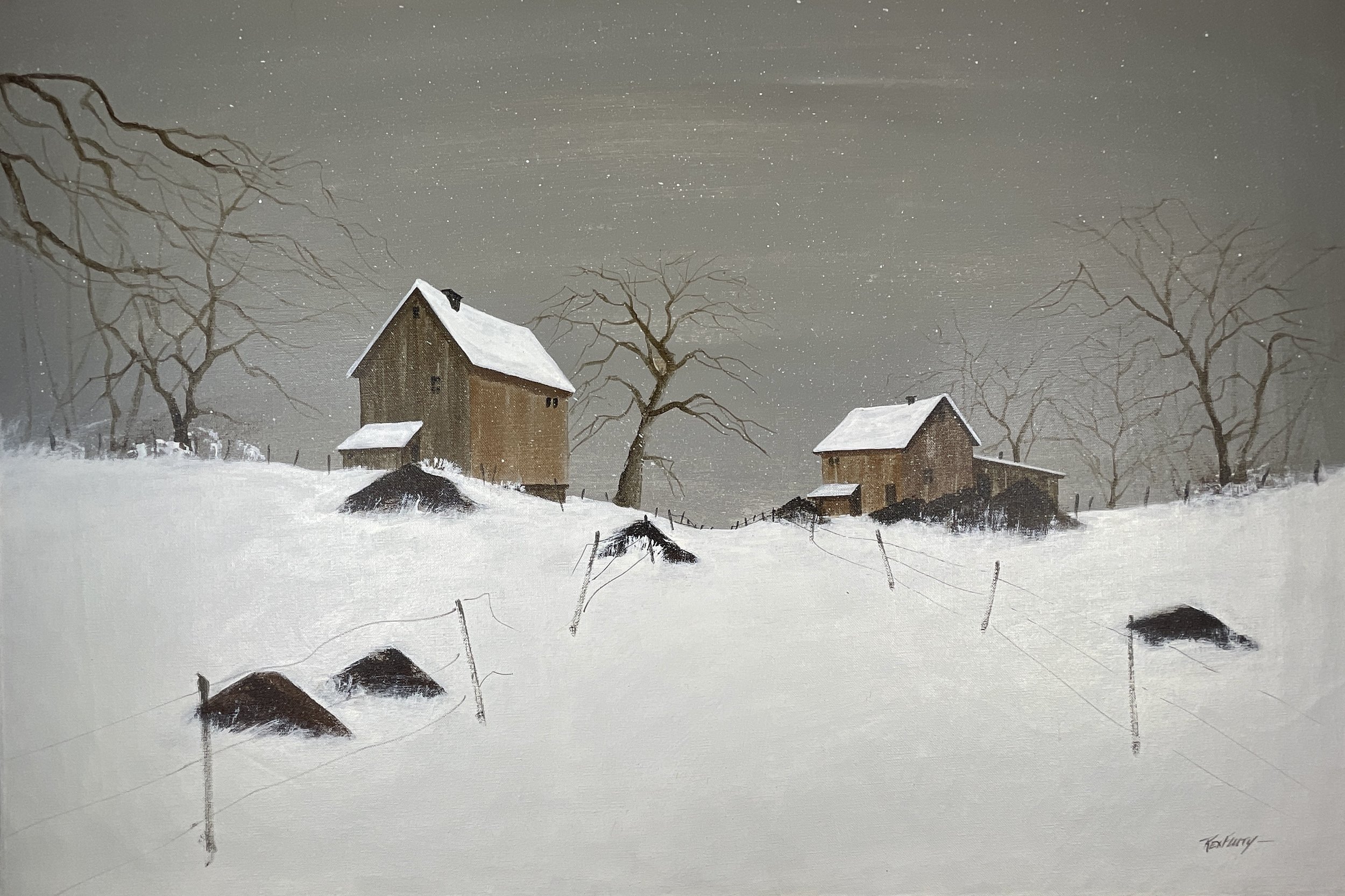 Winter Farmstead (attributed), Rex Fluty (American, b. 1936), c. 1970s–1980s, oil on canvas, 24 x 36 in, signed lower right.