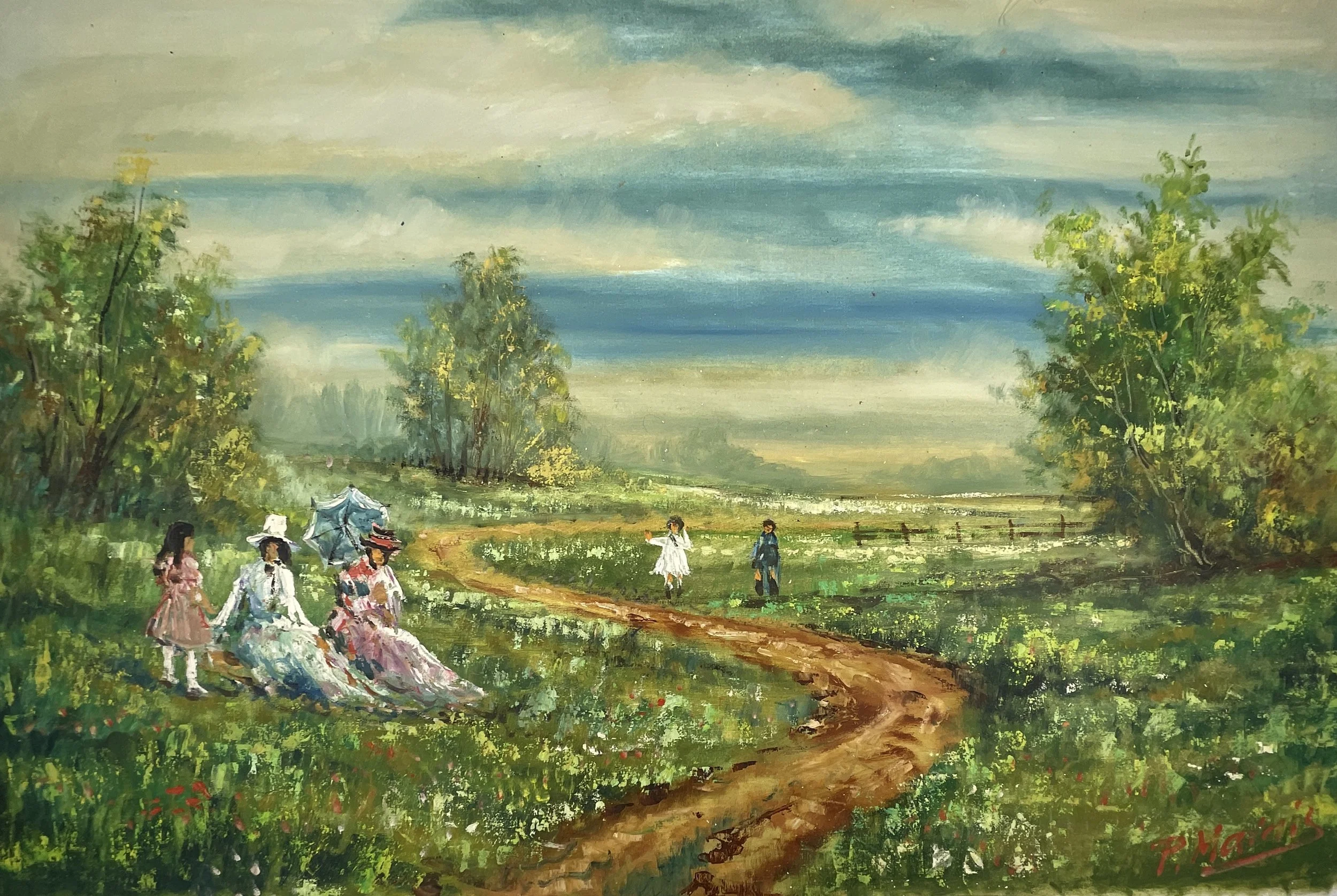 Countryside Promenade, P. Marais, c.1980, oil on canvas, 24 x 36 in, signed lower right.
