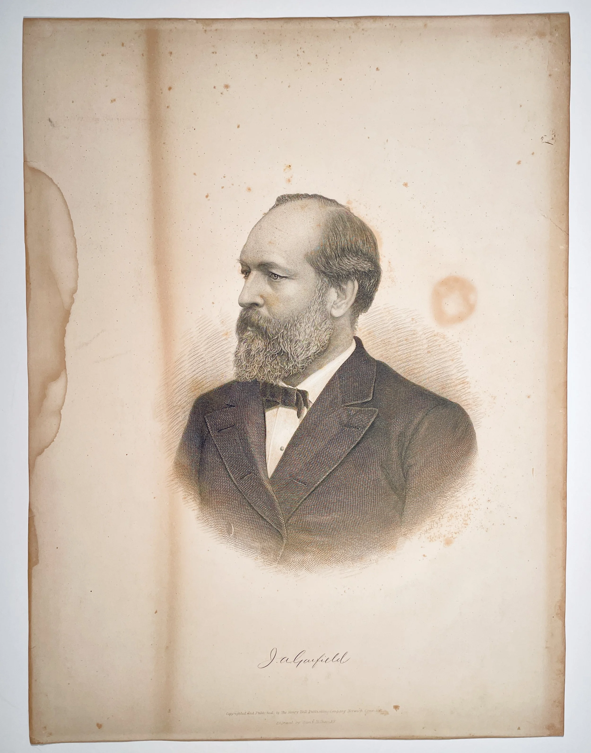 J.A. Garfield (1831–1881), c.1882 memorial stipple/steel engraving, Henry Tait Publishing, 15×20 in., printed name, engraved Saml. Hollyer.