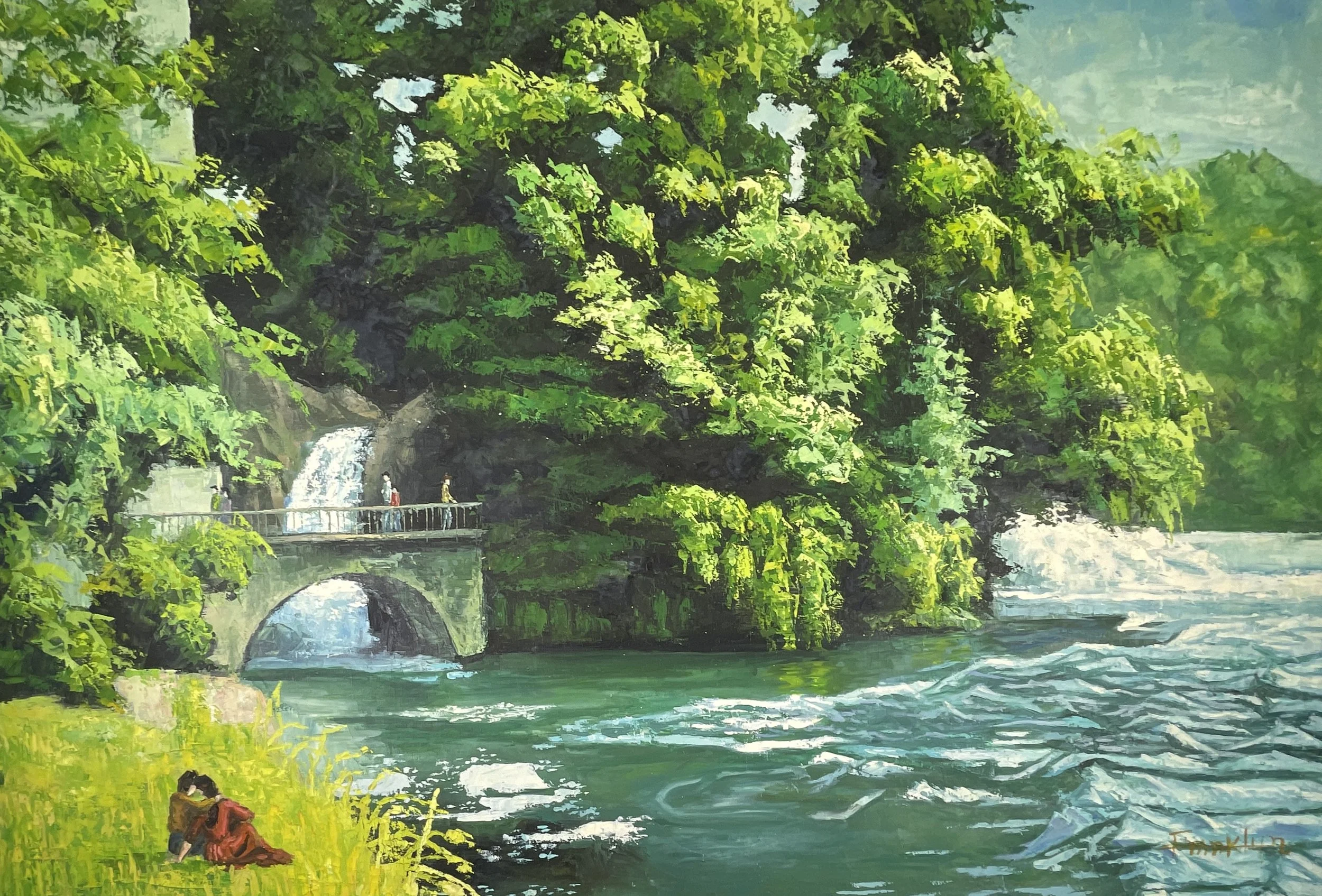 Bridge & Falls – Studio Variants I & II, Franklyn (b.1938), c.1980s, oils on canvas, each 36×24 in, signed.